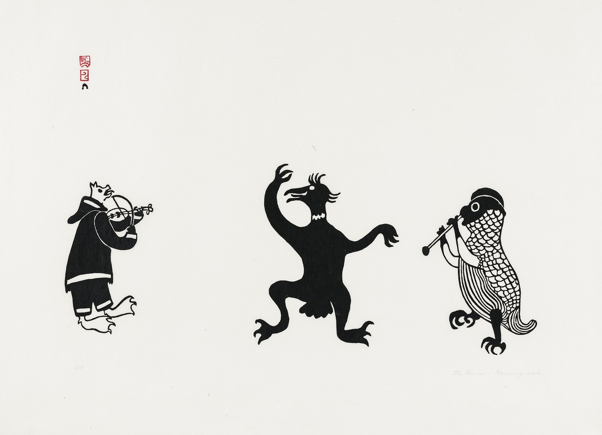 Lot 105 KANANGINAK POOTOOGOOK, R.C.A. (1935-2010) m., KINNGAIT (CAPE DORSET) The Dance (The Fiddle Player), c. 1960-61 (commissioned print, possibly for Imperial Oil) stonecut, 23.5 x 30 in (59.7 x 76.2 cm) Estimate: $900⁠⁠⁠— $1,200 Price realized: $840