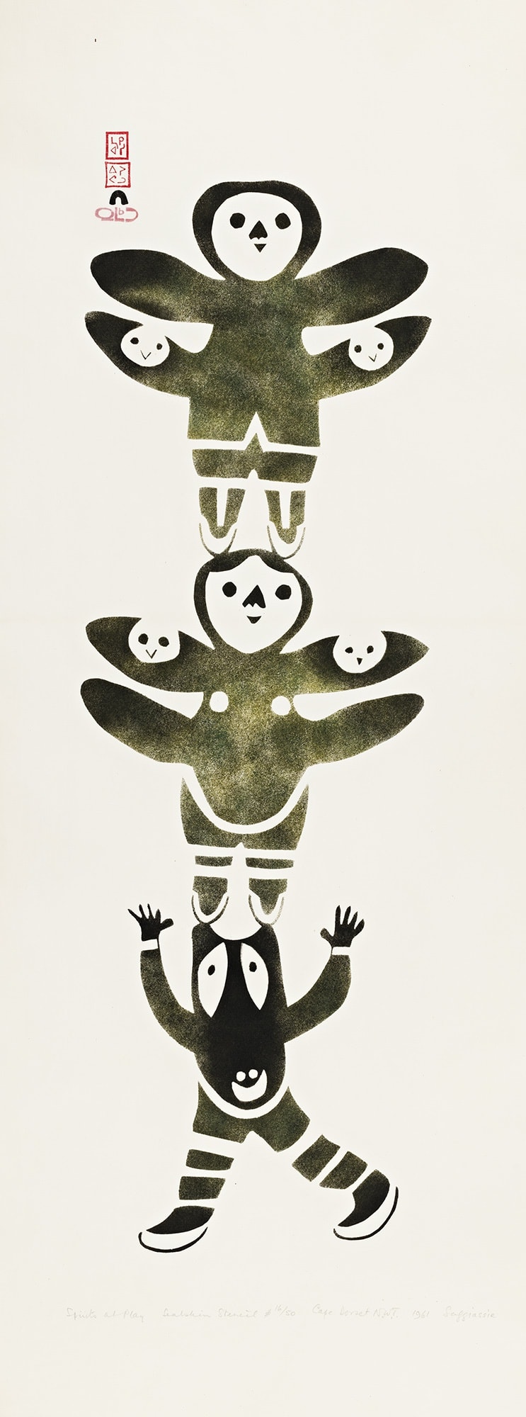 Lot 106 SAKIASSIE RAGEE (1924-2003) m., KINNGAIT (CAPE DORSET) Spirits at Play, 1961 #38 stencil, 33.25 x 12.25 in (84.5 x 31.1 cm) Estimate: $1,500— $2,000 Price realized: $1,560