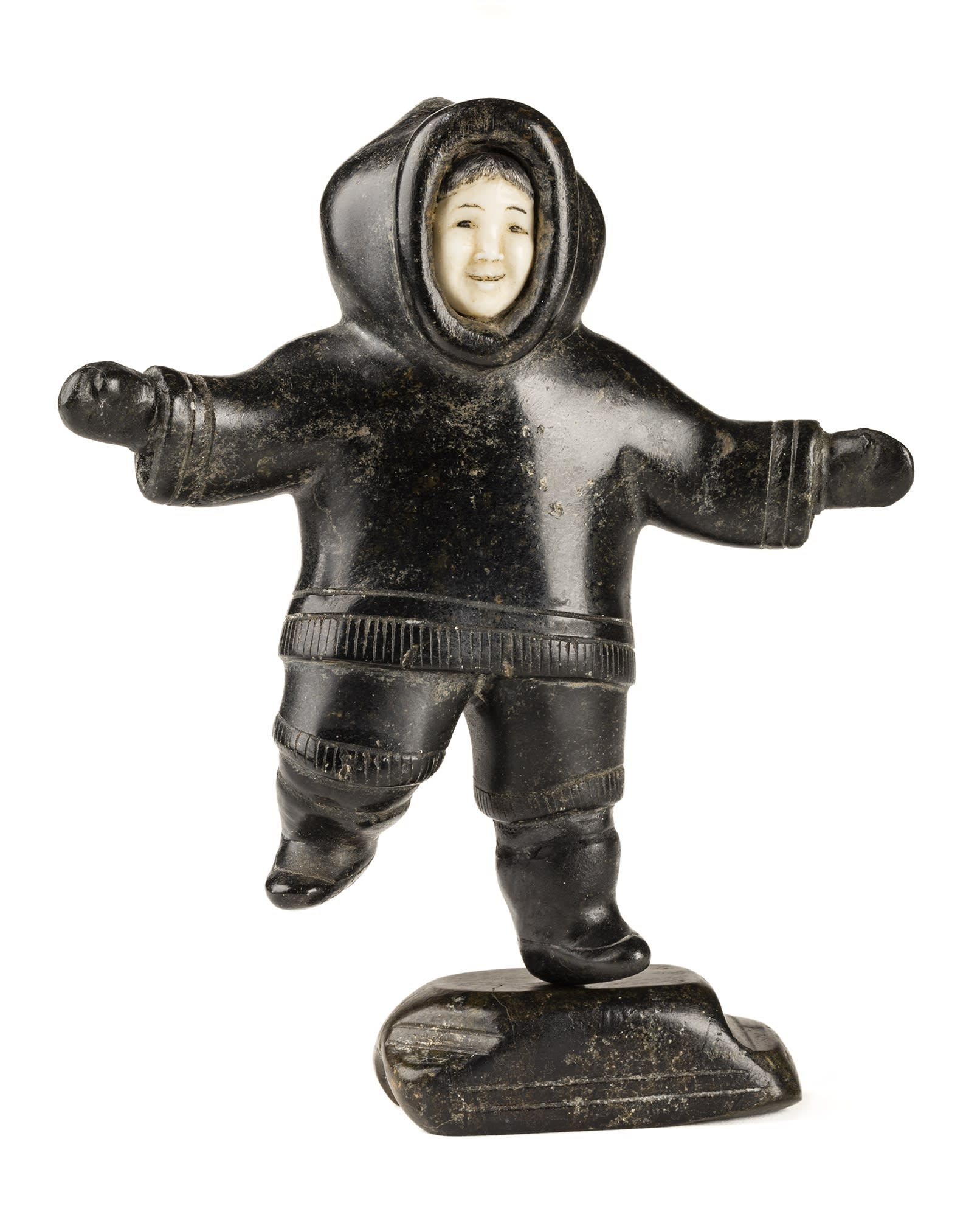 Lot 16 SHEOKJUK OQUTAQ (1920-1982) m., KIMMIRUT/KINNGAIT (LAKE HARBOUR/CAPE DORSET) Running Boy, c. 1952-54 stone, ivory, and black colouring, 5 x 4.25 x 1.5 in (12.7 x 10.8 x 3.8 cm) Estimate: $6,000 — $9,000 Price realiZed: $16,800