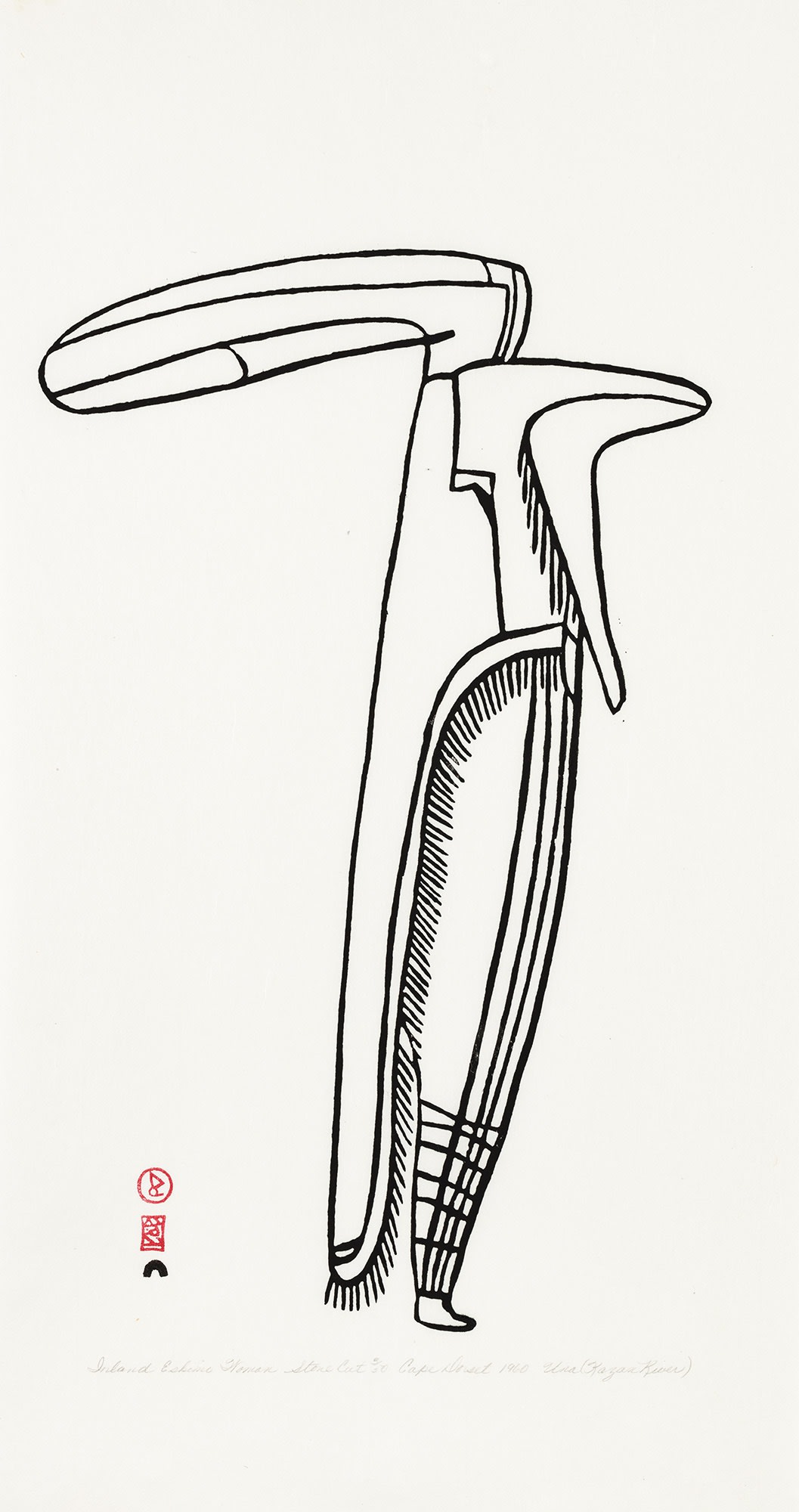 Lot 20 JESSIE OONARK, O.C., R.C.A (1906-1985) QAMANI'TUAQ (BAKER LAKE) Inland Eskimo Woman, 1960 #62 stonecut, 21.5 x 12.5 in (54.6 x 31.8 cm) Estimate: $8,000 — $12,000 PRICE REALIZED: $8,400