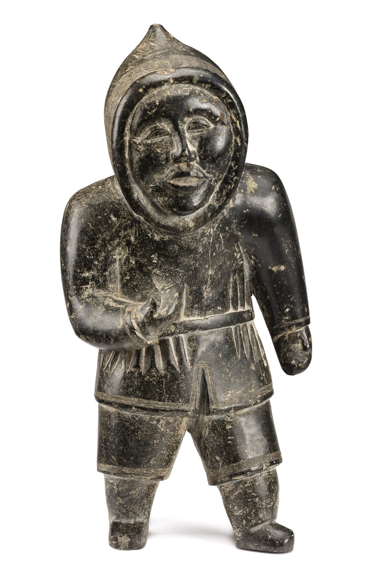 Lot 22 NIVIAQSI (NIVIAKSIAK) (1908-1959) m., KINNGAIT (CAPE DORSET) Standing Hunter, c. 1955 stone, 15 x 7.5 x 9.25 in (38.1 x 19.1 x 23.5 cm) Estimate: $12,000 — $18,000 PRICE REALIZED: $26,400