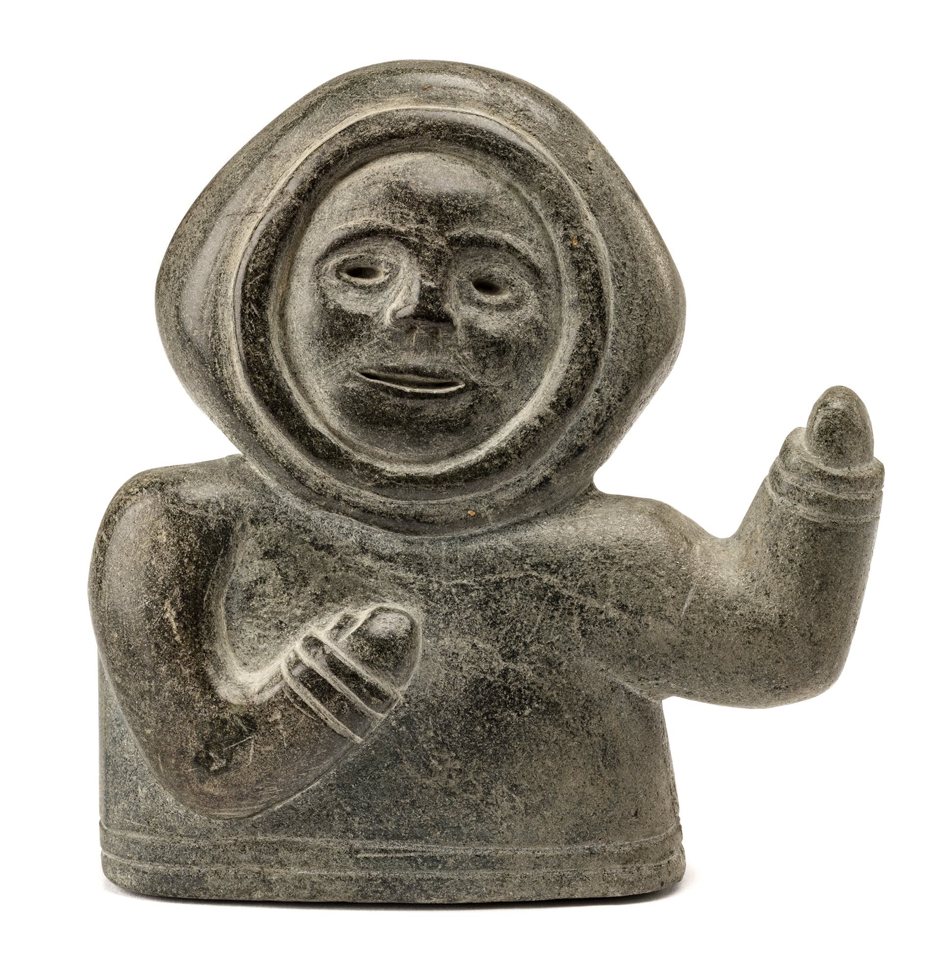 Lot 23 Possibly NIVIAQSI (NIVIAKSIAK) (1908-1959) m., KINNGAIT (CAPE DORSET) Waving Boy, mid-late 1950s stone, 4.75 x 4.75 x 1.5 in (12.1 x 12.1 x 3.8 cm) Estimate: $1,200 — $1,800 PRICE REALIZED: $1080