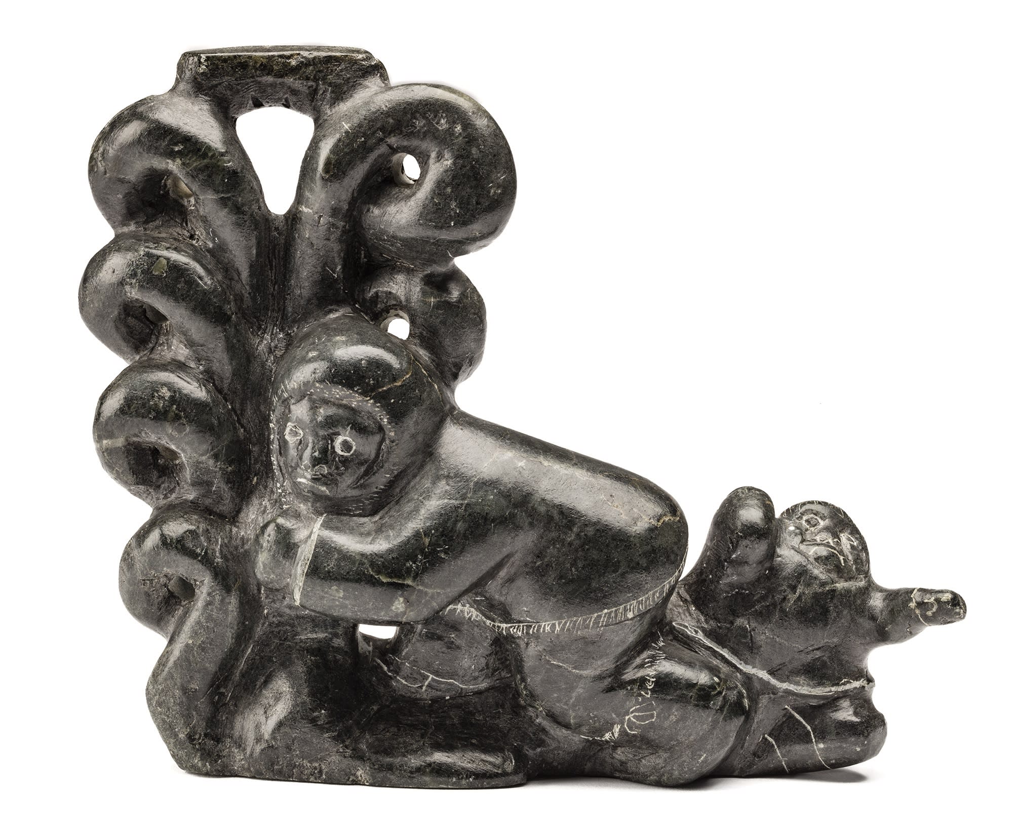 Lot 49 DAVIDIALUK ALASUA AMITTU (1910-1976) m., PUVIRNITUQ (POVUNGNITUK) Northern Lights*, c. 1974 stone, 6 x 7.25 x 2.5 in (15.2 x 18.4 x 6.3 cm) Estimate: $6,000 — $9,000 Price realized: $5,760