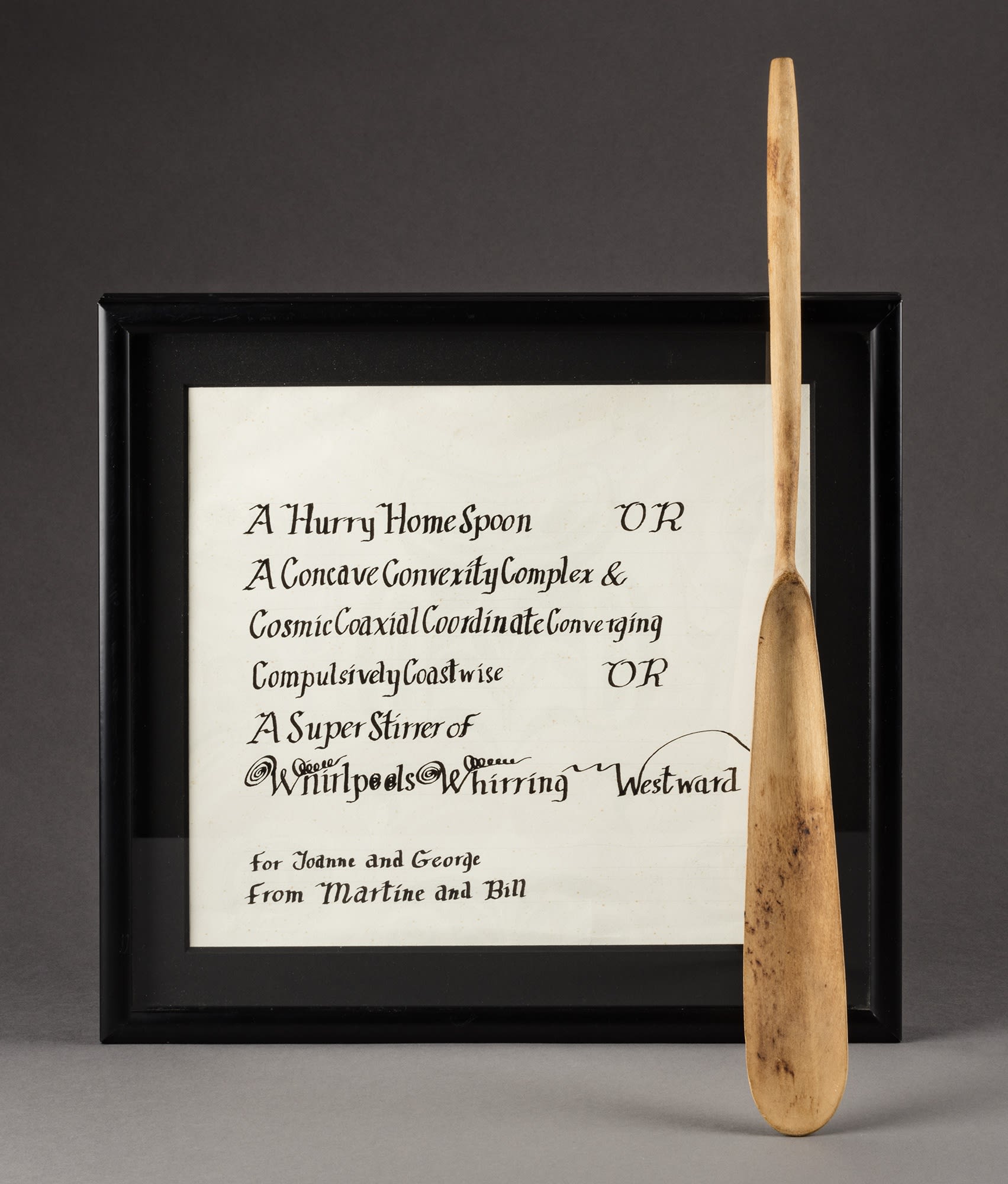 Lot 74 BILL REID, O.B.C., R.C.A. (1920-1998) Hurry Home Spoon, c. 1982 wood carved spoon accompanied by a note inscribed by the artist in black ink spoon: 17.5 x 1.5 x .75 in (44.5 x 3.8 x 1.9 cm); frame: 13.25 x 12.25 in (33.7 x 31.1 cm). Estimate: $1,000— $1,500 Price realized: $2,160