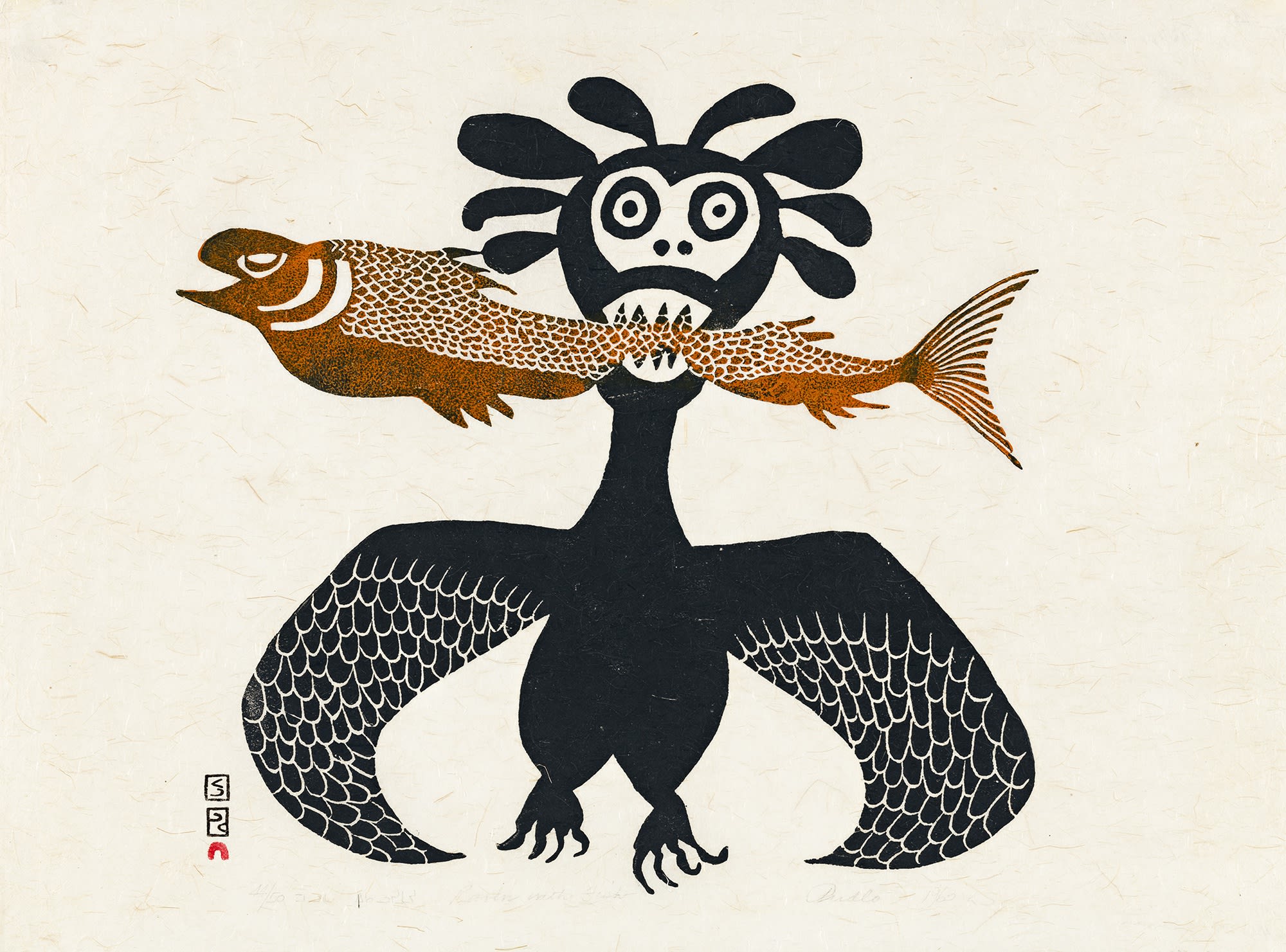 Lot 8 PUDLO PUDLAT (1916-1992) m., KINNGAIT (CAPE DORSET) Raven With Fish, 1963 #37 stonecut, 18 x 24 in (45.7 x 61 cm) Estimate: $3,000 — $5,000 Price realized: $2,400