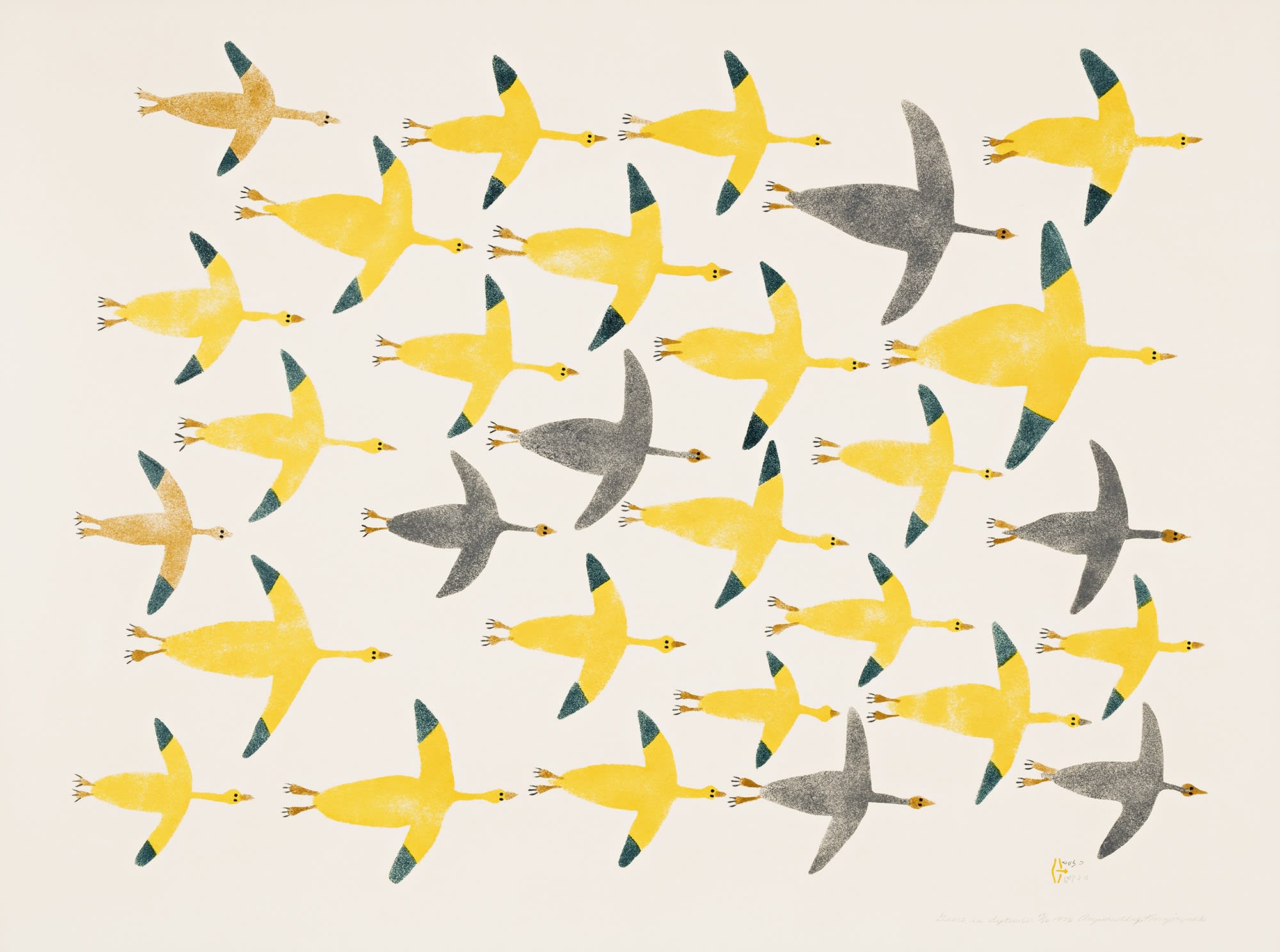 Lot 86 LUKE ANGUHADLUQ (1895-1982) QAMANI'TUAQ (BAKER LAKE) Geese in September, 1972 (1973 #3) stencil, framed, sight: 28.5 x 42.5 in (72.4 x 108 cm) Estimate: $2,500— $3,500 Price realized: $4,800