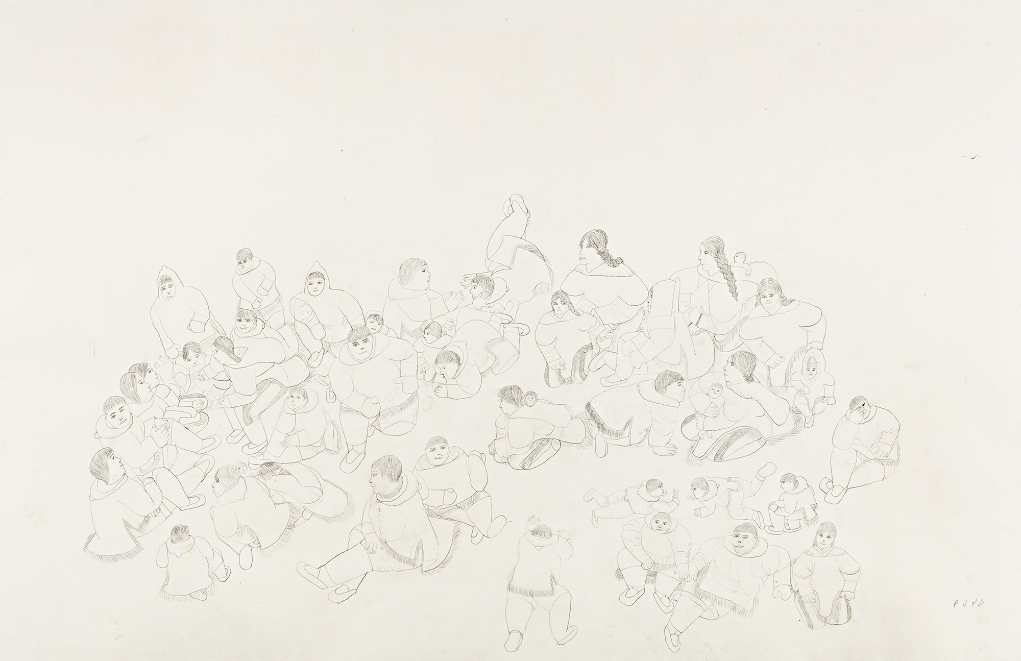 Lot 87 HANNAH KIGUSIUQ (1931-) BAKER LAKE (QAMANI'TUAQ) Community Gathering, mid 1970s graphite drawing, 26 x 40 in (66 x 101.6 cm) Estimate: $1,600— $2,400