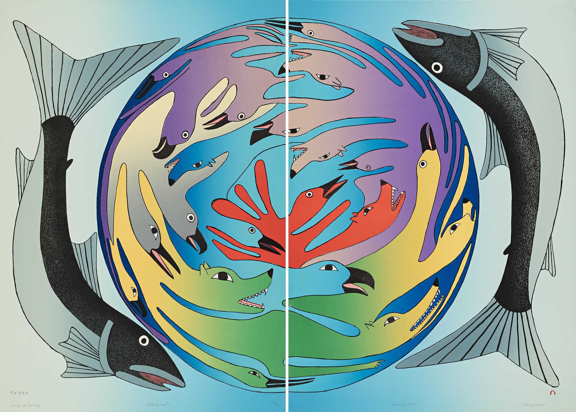 Lot 94 KENOJUAK ASHEVAK, C.C., R.C.A. (1927-2013) f., KINNGAIT (CAPE DORSET) Song of Spring, Spring 2006 #1 lithograph diptych, overall: 33.25 x 46 in (84.5 x 116.8 cm), each sheet: 33.25 x 23 in (84.5 x 58.4 cm). Estimate: $5,000⁠⁠⁠— $8,000 Price realized: $5,280