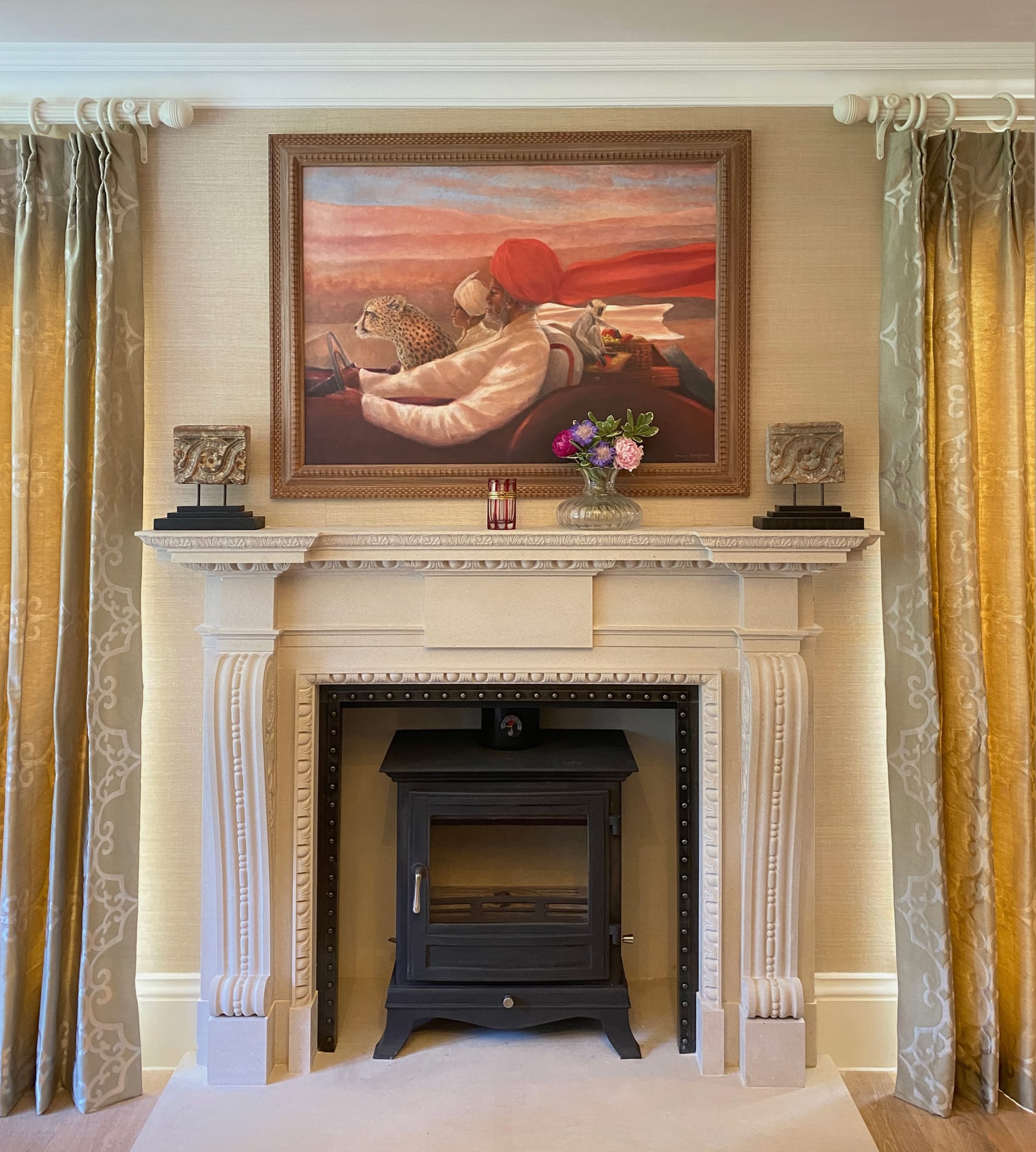 Jamb Portland Stone fireplace with painting above by Lincoln Seligman