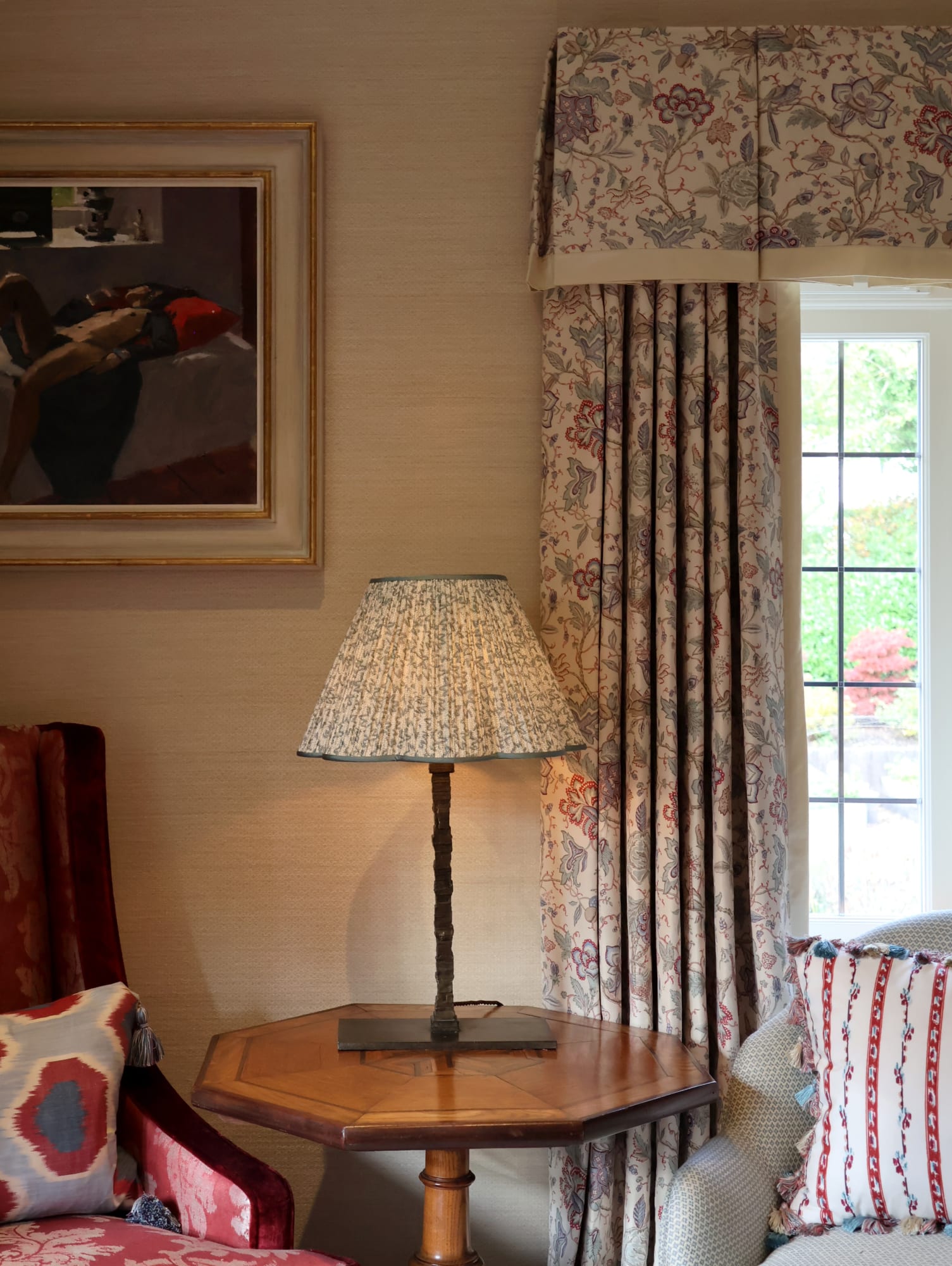 Our silk trimmed Nathalie scallop lampshade sitting pretty aginst Bennison's Trincomalee