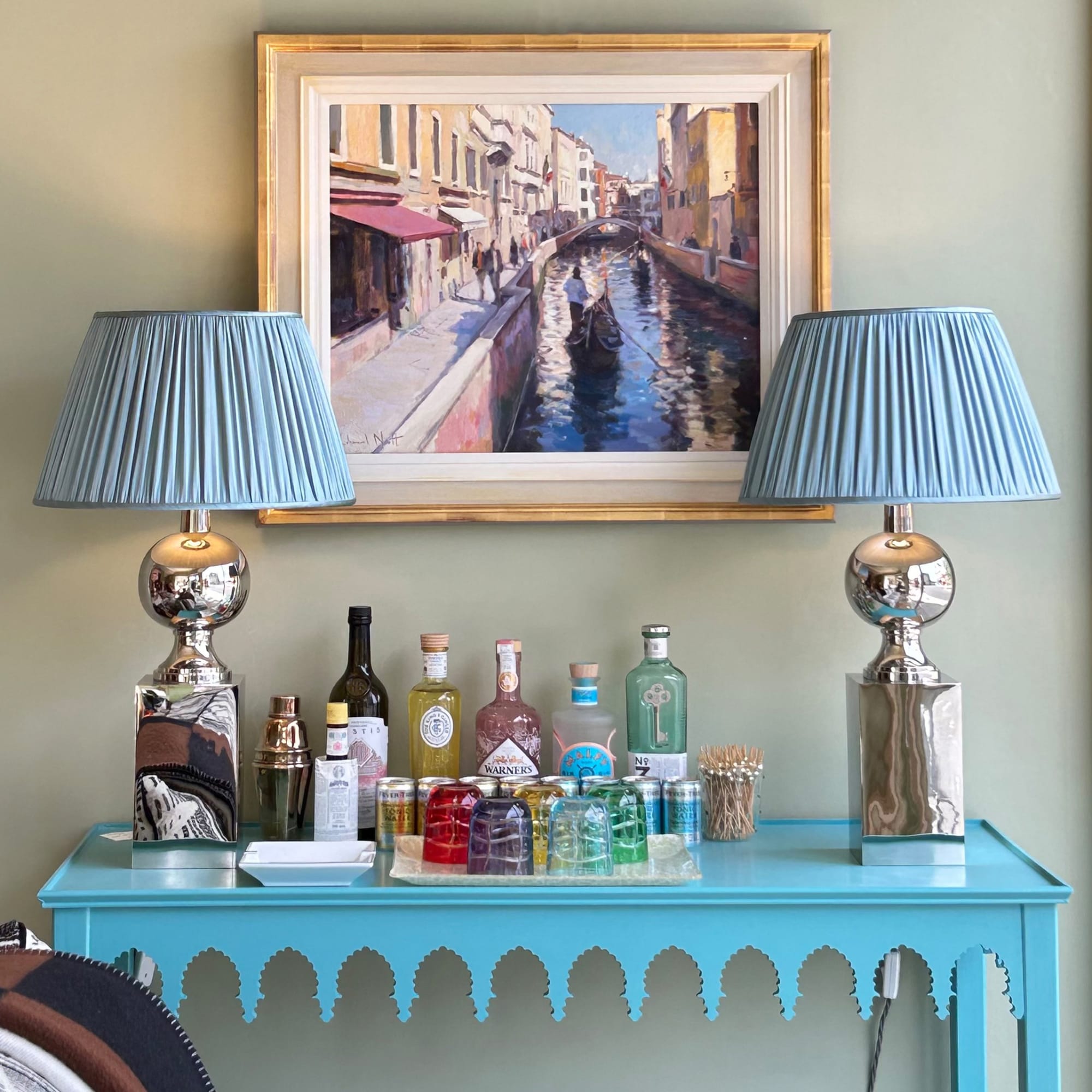 Tassinari and Chatel strie silk lampshades with Vaughan lamp bases