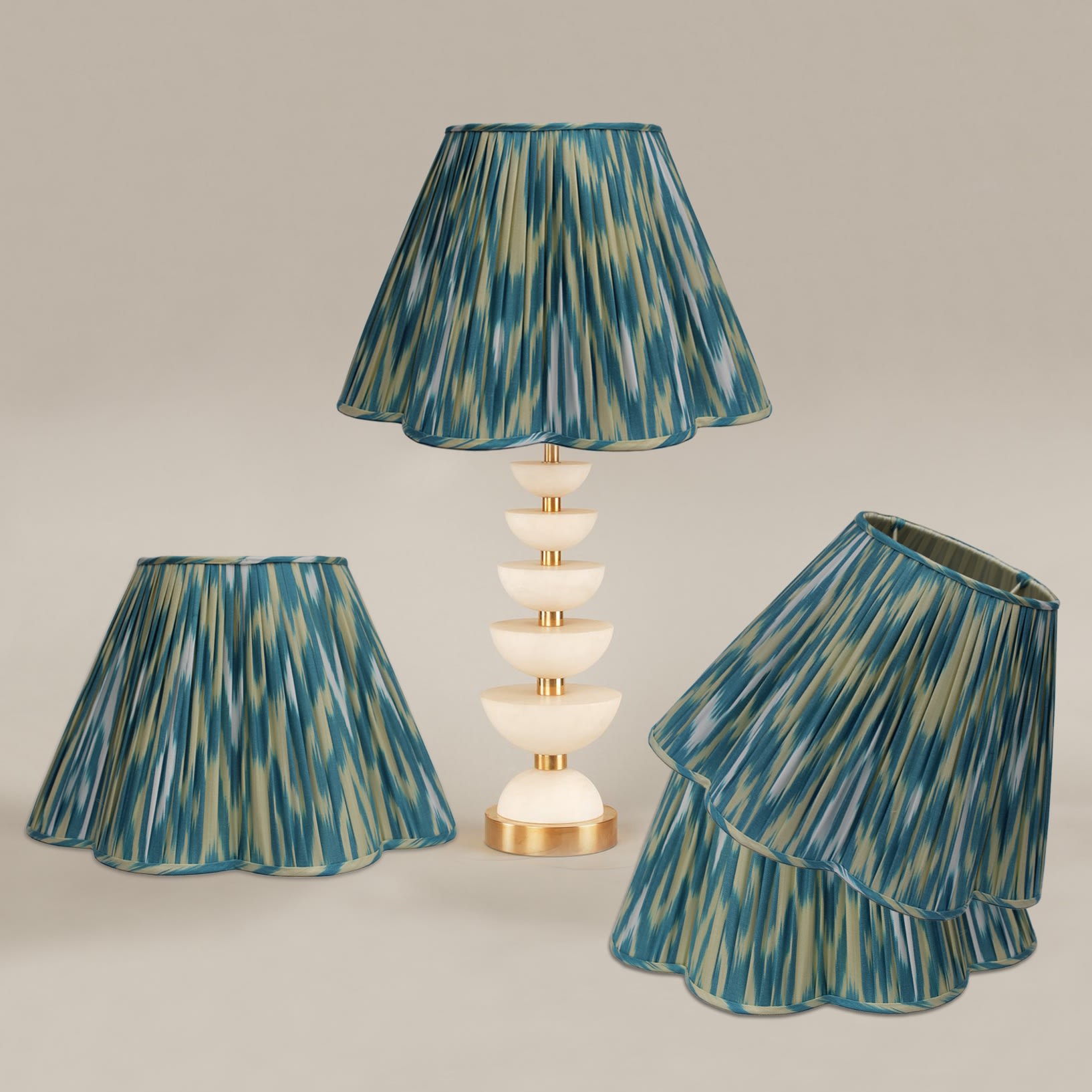 A quartet of silk & cotton ikat scallop lampshades