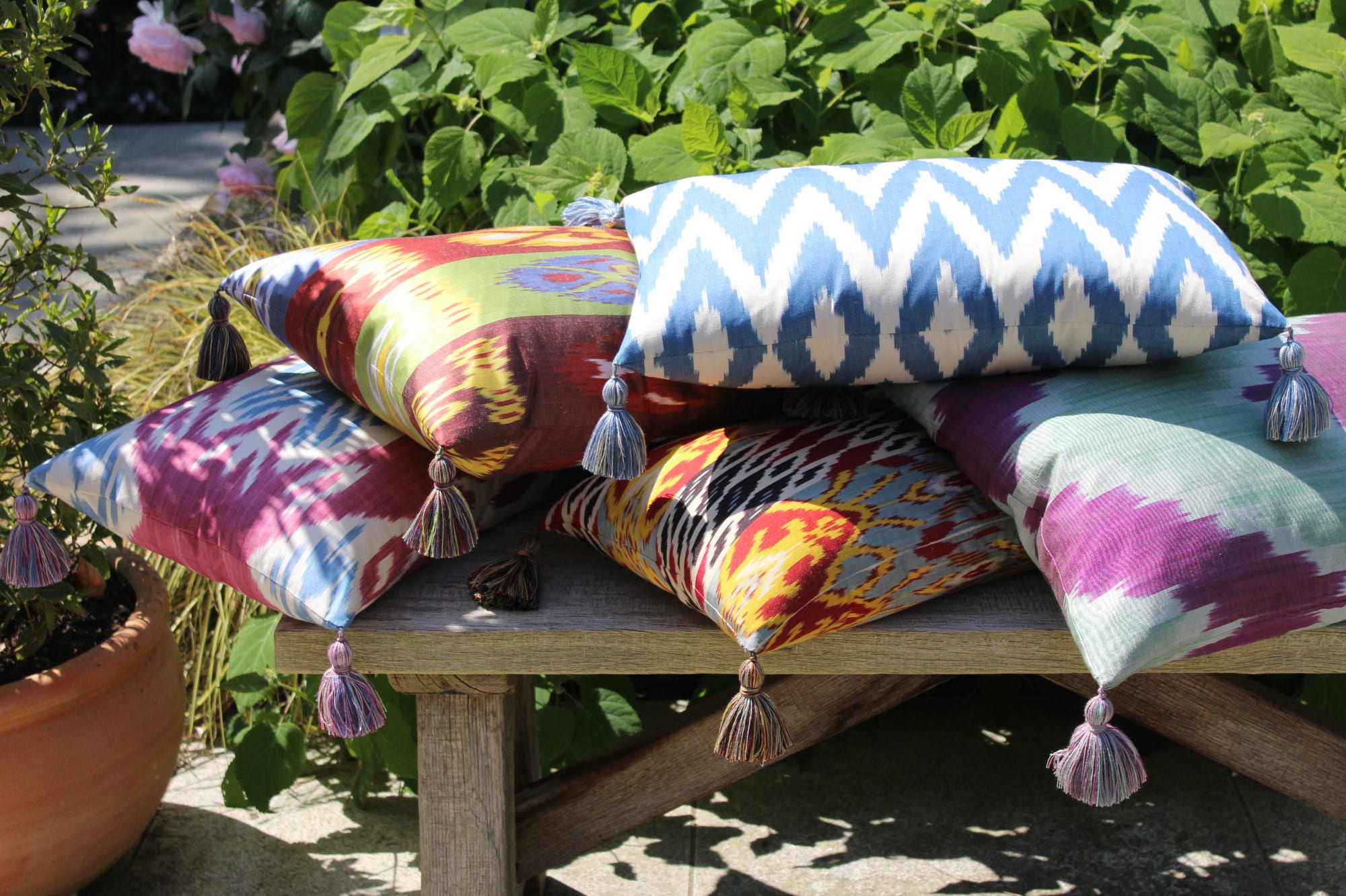 Our range of silk & cotton ikat cushions will brighten up any room