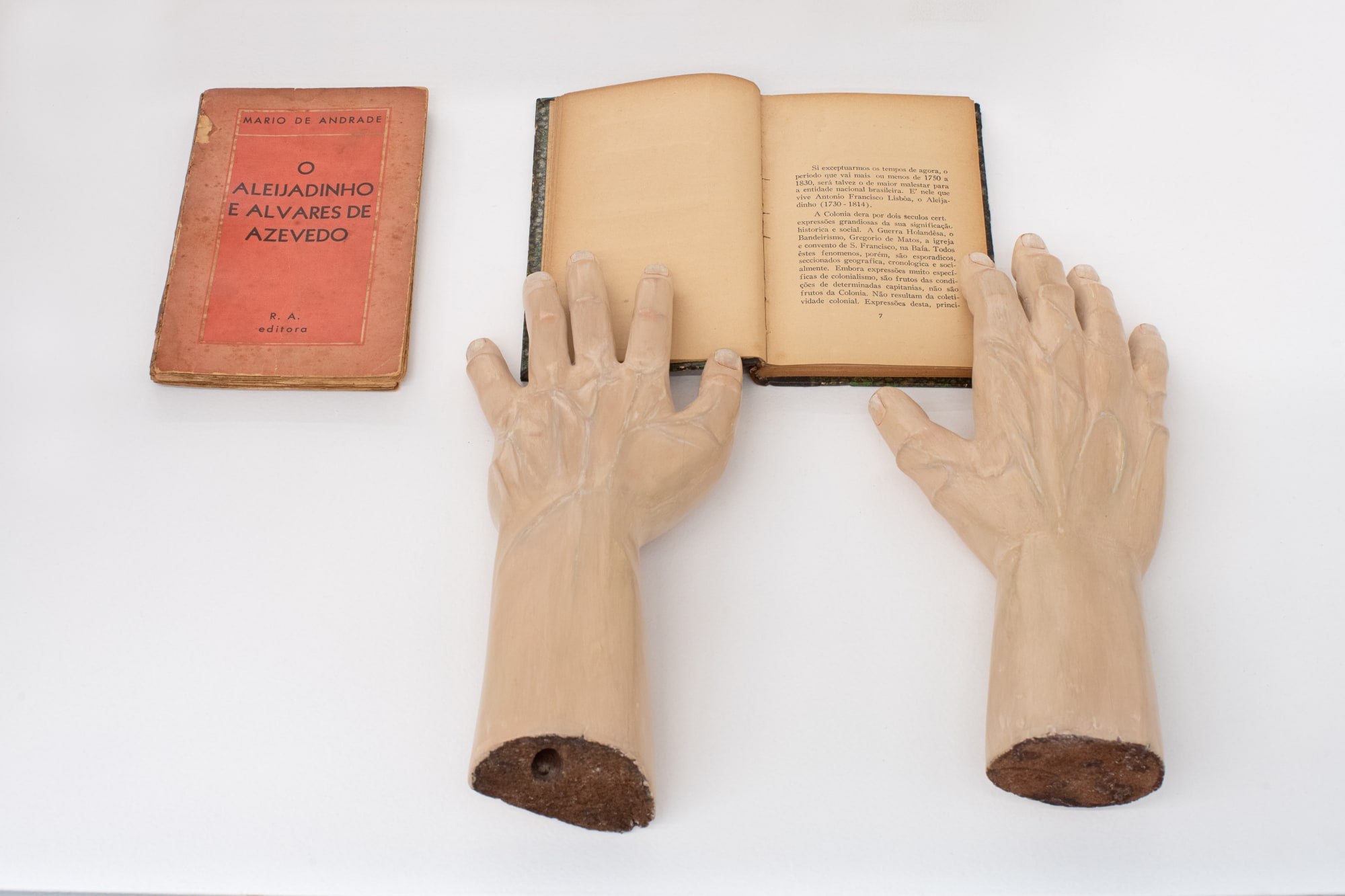 Leituras [Readings], 2023 dois volumes da 1ª edição de 1935 do livro O Aleijadinho e Alvares de Azevedo, de Mário de Andrade; réplicas das mãos da escultura de São Simão Stock, 1779, de Antônio Francisco Lisboa – o Aleijadinho (1738-1814), esculpidas e encarnadas em cedro por santeiros mineiros [two volumes of the 1st edition of 1935 of the book O Aleijadinho e Alvares de Azevedo, by Mário de Andrade (1893-1945); replicas of the hands of the sculpture of São Simão Stock, 1779, by Antônio Francisco Lisboa – Aleijadinho (1738-1814), carved and embodied in cedar by stonemasons from Minas Gerais] 36 x 50 x 5 cm [14 1/8 x 19 3/4 x 2 in] foto [photo]: Edouard Fraipont