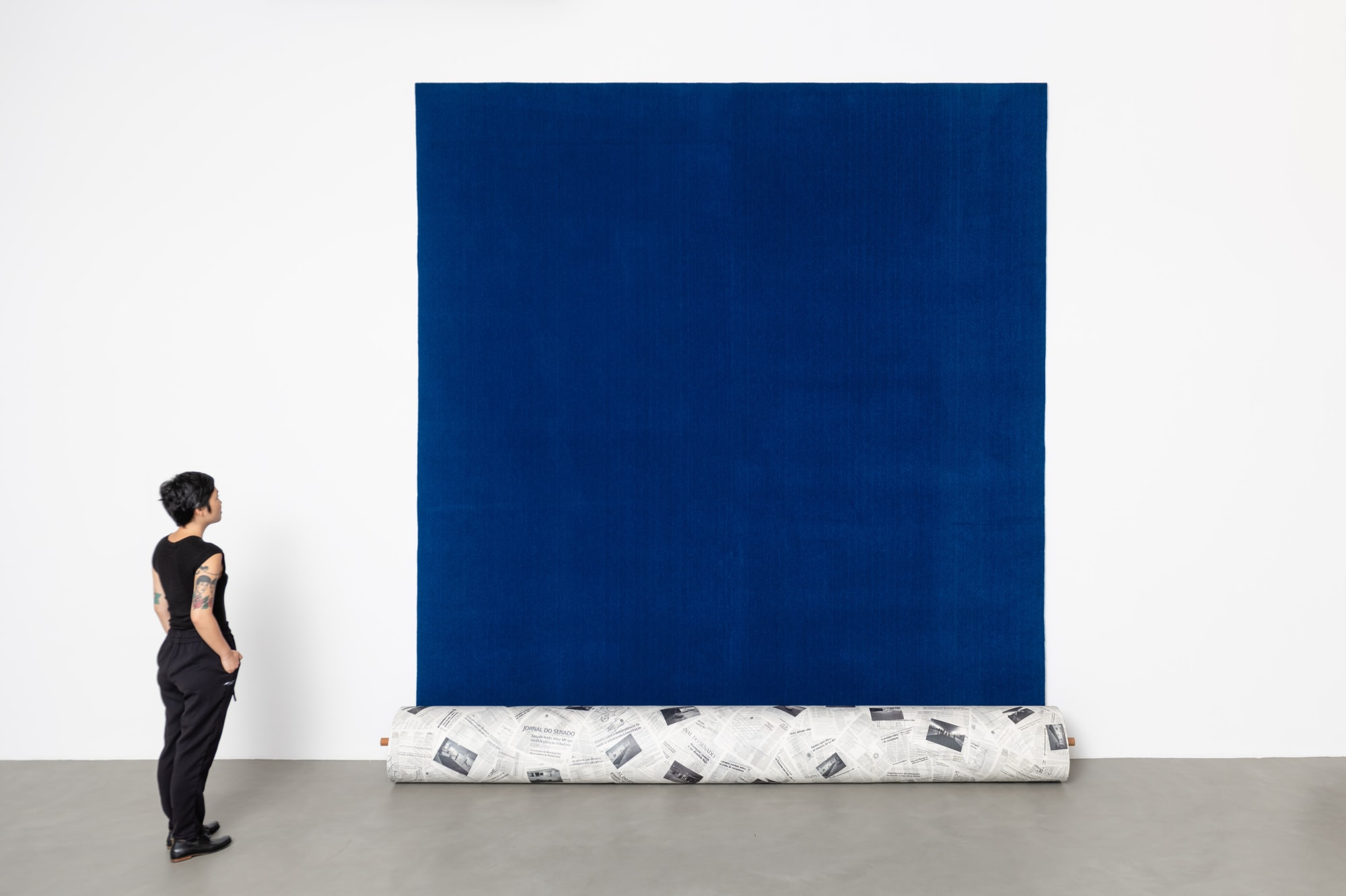 Anexo do Salão Azul, 2023 carpete Azul do Senado, impressões em papel jornal, madeira cedro rosa com óleo vegetal, rolo de papelão e etiqueta [Brazilian Senate blue carpet, prints on newspaper paper, pink cedar wood and vegetable oil, cardboard roll and label] 357 x 347 x 46 cm [140 1/2 x 136 5/8 x 18 1/8 in] foto [photo]: Edouard Fraipont