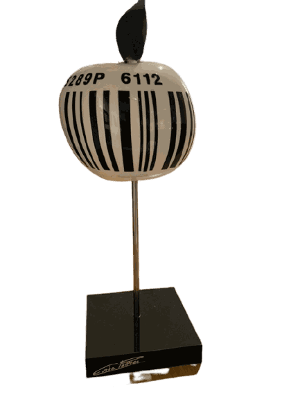Eric Pottier, pomme code-barre numérotée, résine et pied en acier noir. CHF. 900 Avec certificat de l'artiste.