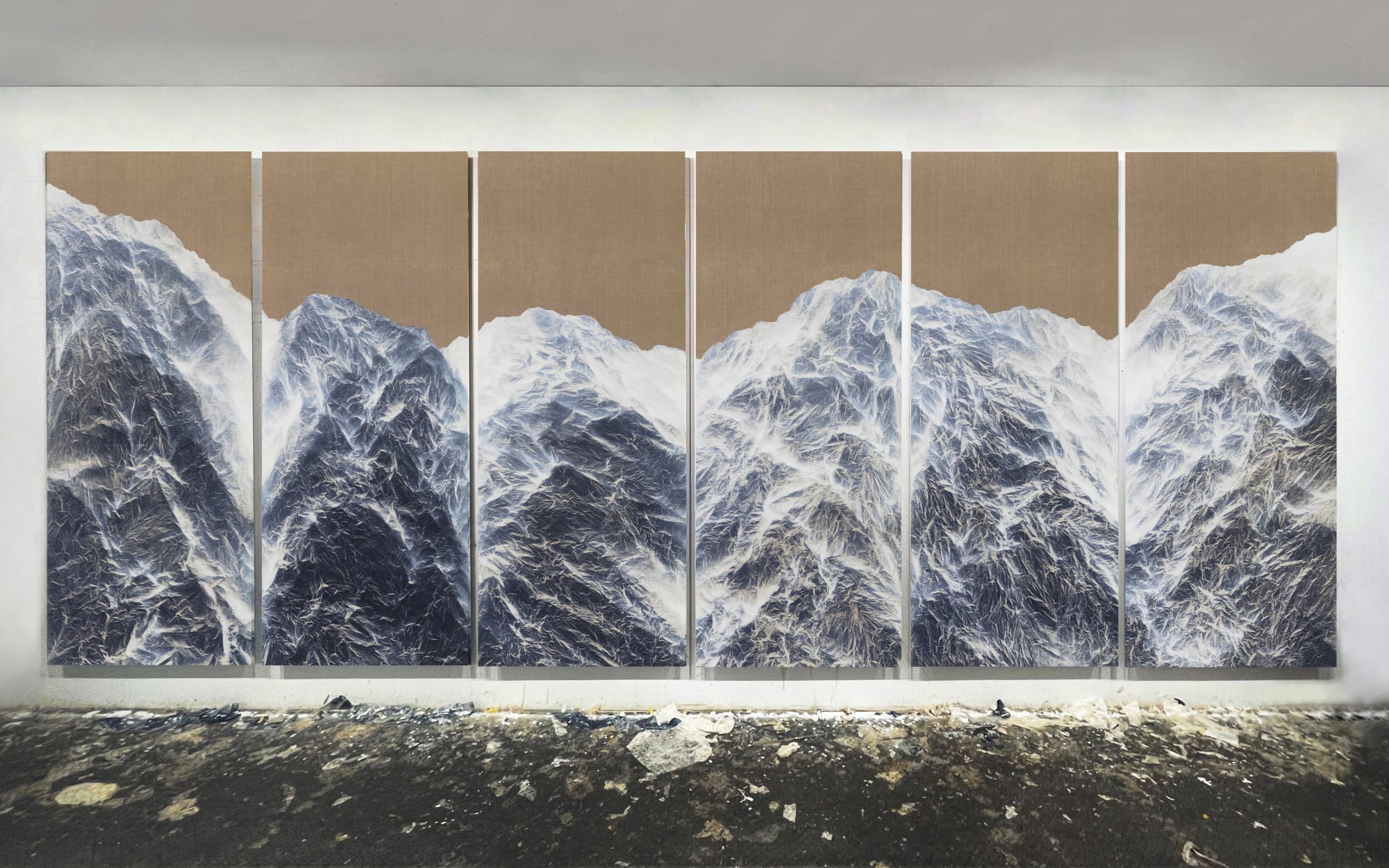 Cyano-Collage 094 (2021) Cyanotype, Xuan Paper, Acrylic Gel, Acrylic 6-Part Work, 225 x 540 cm