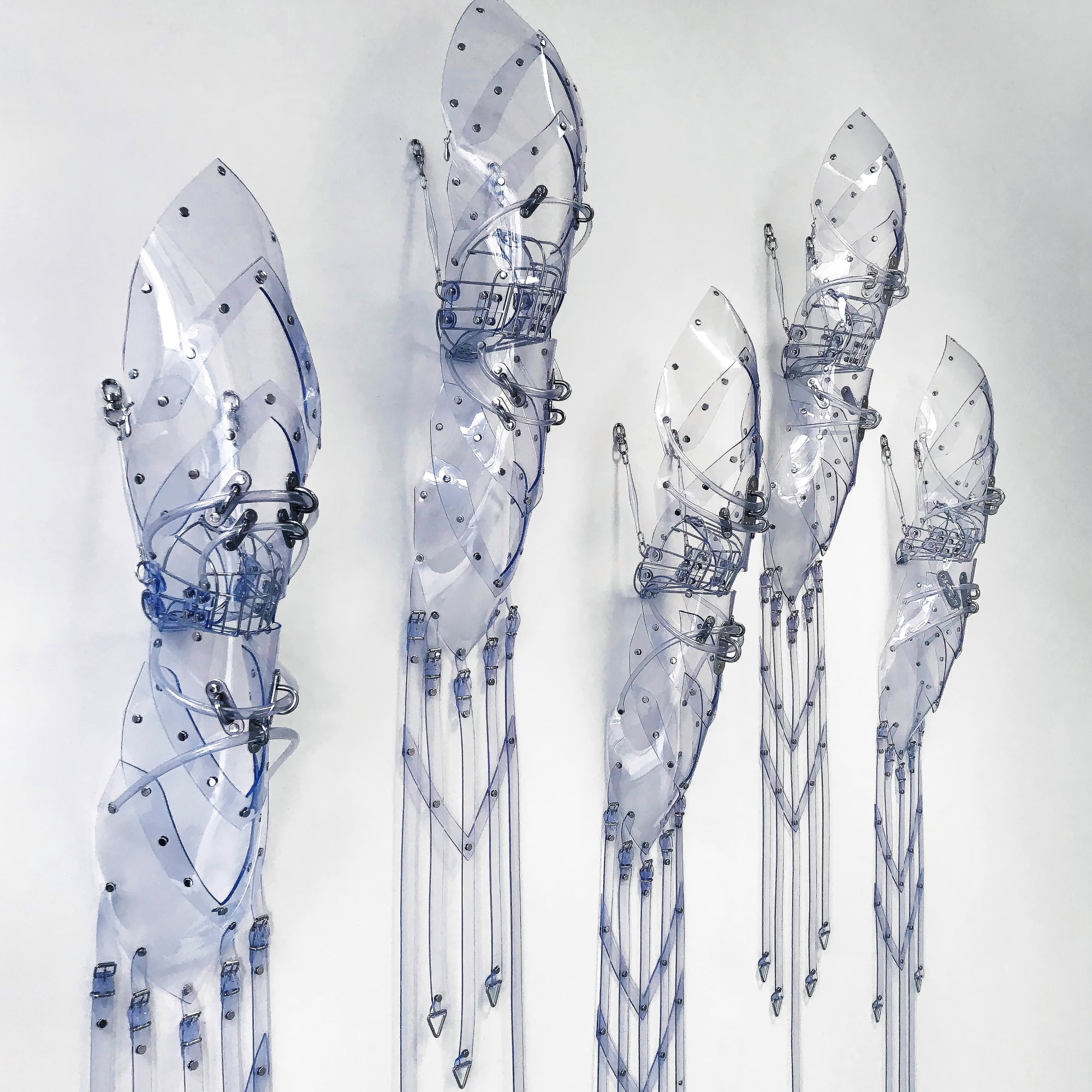 Floryan Varennes La Meute Muzzles, Connector Tubes, Medical Tubes, Medical PVC, Stainless Steel Fasteners, Rivets, Triangular Rings, Buckles Ears Dimensions Variable, 2020