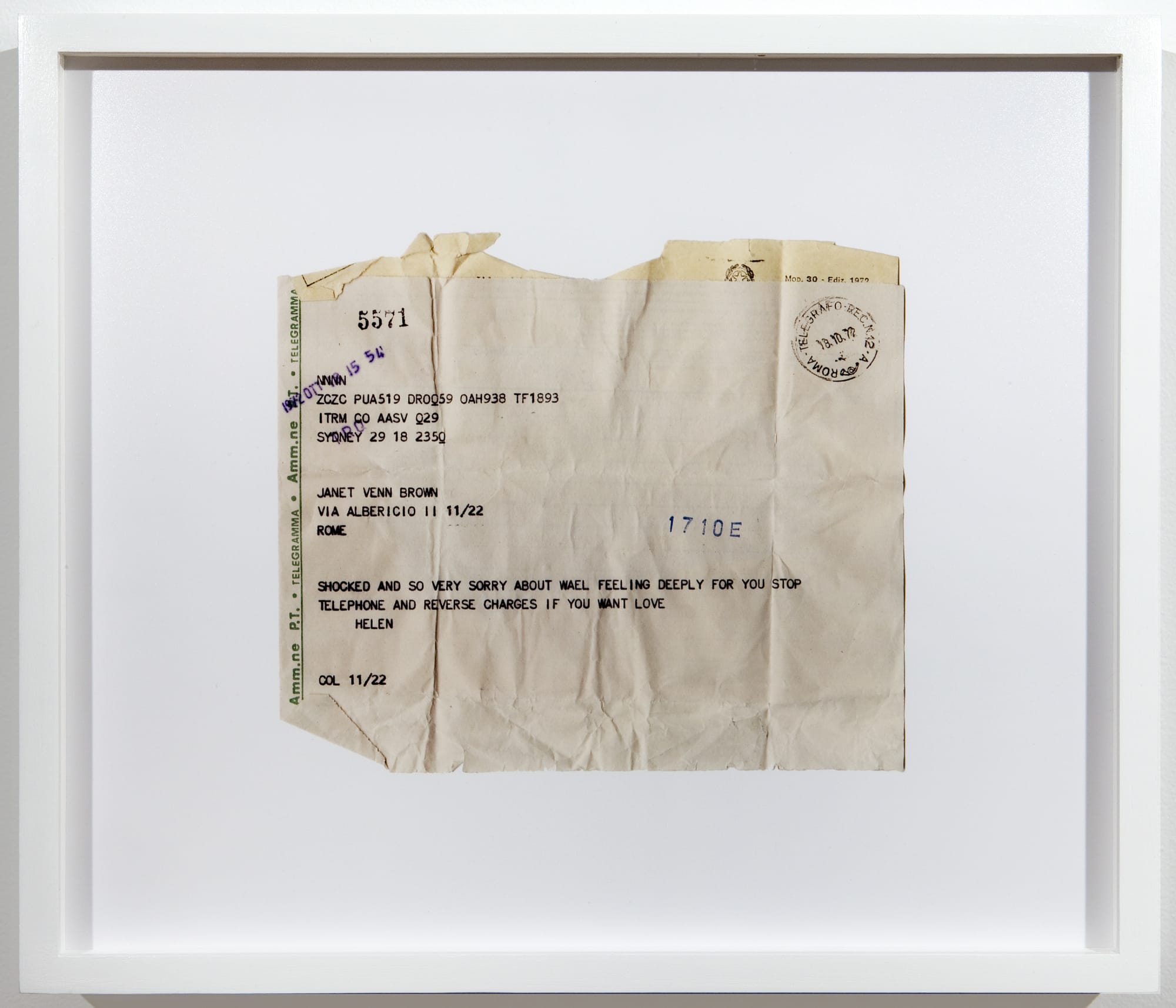 Emily Jacir Material for a Film (detail) (Telegram: 18/10/1972), 2007 Digital c-print 12 x 14 inches (30.5 x 35.6 cm) Edition of 7