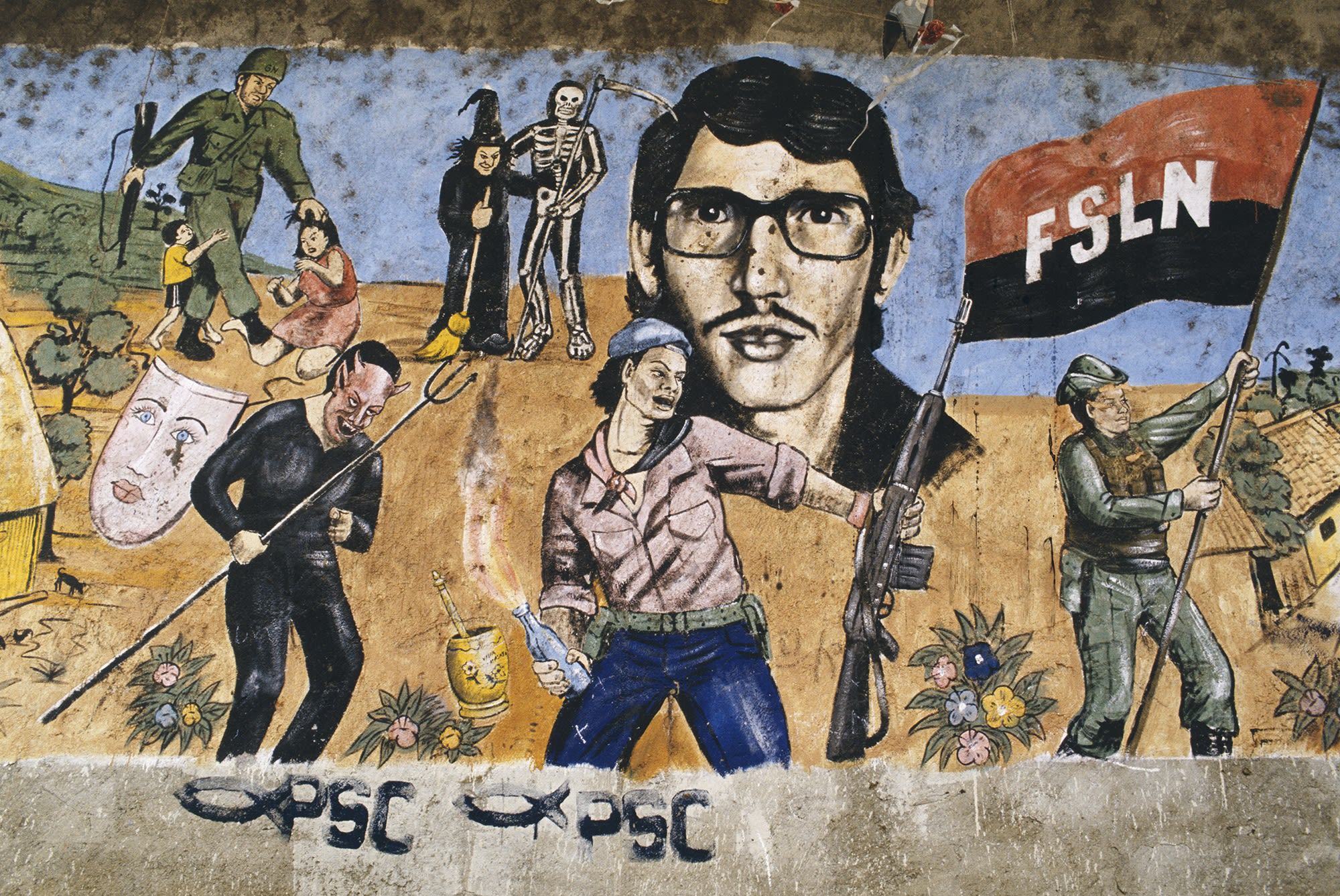 Susan Meiselas Mural featuring Nicaraguan folk legends including the 'Molotov Man,' Masaya, Nicaragua, 1986, 1986 Chromogenic print 9.25 x 13.9 inches (23.5 x 35.2 cm)