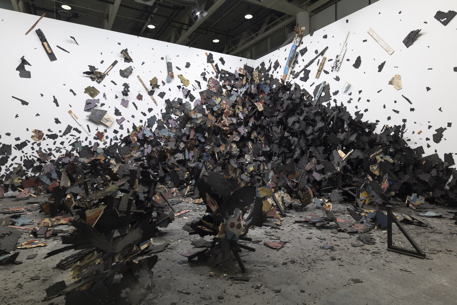 Installation view: Leonardo Drew, Number 341, 2022, Art Basel: Unlimited, Switzerland. © Leonardo Drew, Courtesy Galerie Lelong & Co. , New York. Photo: Jon Cancro.