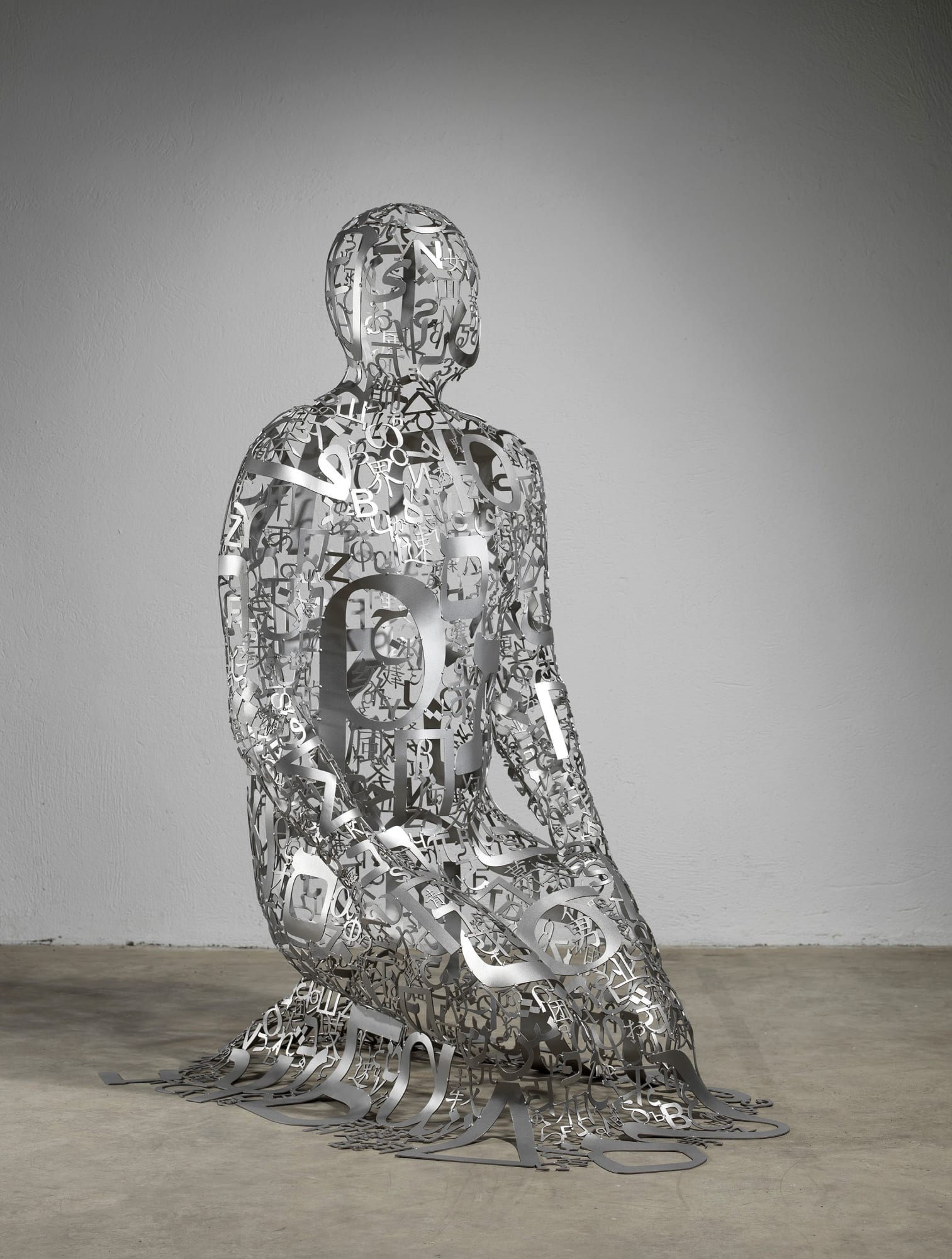 Jaume Plensa Aleph, 2020 Stainless steel 68 1/8 x 44 1/8 x 58 5/8 in (173 x 112 x 149 cm) 34 kg (GL14892) Jaume Plensa is internationally recognized as one of today&rsquo;s leading contemporary portrait artists; harnessing the power of his approach to convey our relationship to the world and each other by emphasizing our shared humanity. In Aleph, individual letters from different world alphabets compose a kneeling figure. A poetic representation of the breaking of barriers between cultures, the stainless-steel sculpture encourages the viewer to think about the ways in which we are linked as a collective. Jaume Plensa creates sculptures and installations that unify individuals through connections of spirituality, the body, and collective memory. Literature, psychology, biology, language, and history have been key guiding elements throughout his career. Using a wide range of materials including steel, cast iron, resin, paraffin wax, glass, light, water, and sound, Plensa lends physical weight and volume to components of the human condition and the ephemeral. Plensa is highly active in projects in public space; his celebrated works can be seen at Bonaventure Gateway, Montreal, Canada; Millennium Park, Illinois; Olympic Sculpture Park, Washington; Burj Khalifa, United Arab Emirates; BBC Broadcasting Tower and St. Helens, England; Pearson International Airport, Canada; Daikanyama, Toranomon Hills, and Ogijima Japan; Shanghai IFC Mall, China; Albright Knox Art Gallery, New York; Rice University, Texas; Bastion Saint-Jaume, France; P&eacute;rez Art Museum Miami, Florida; among many other sites worldwide. The artist has presented solo exhibitions at prestigious institutions around the globe most recently at the MACBA&ndash;Museu d'Art Contemporani de Barcelona, Spain and at Museo Nacional Centro de Arte Reina Sof&iacute;a, Madrid in 2018 which travelled to the Moscow Museum of Modern Art, Russia in 2019. Other solo museum exhibitions include Mus&eacute;e d&rsquo;art moderne et contemporain de Saint-&Eacute;tienne M&eacute;tropole, Saint-&Eacute;tienne, France; Institut Valencia d&rsquo;Art Moderne, Spain; Nasher Sculpture Center, Dallas, Texas; Mus&eacute;e Picasso, France; Yorkshire Sculpture Park, England; and the Espoo Museum of Modern Art, Finland. Jaume Plensa: Together was presented at the Basilica San Giorgio Maggiore in Italy as a collateral event of the 56th Venice Biennale. The artist was honored at the Hirshhorn New York Gala in 2019 and received the Vel&aacute;zquez Prize for Plastic Arts from the Ministry of Education and Culture, Madrid, Spain, in 2013, among other accolades. A documentary feature of the artist&rsquo;s life and work Jaume Plensa: Can You Hear Me? (2020), directed by Pedro Ballesteros, was released last year. The artist was born in Barcelona, Spain in 1955, where he currently lives and works.