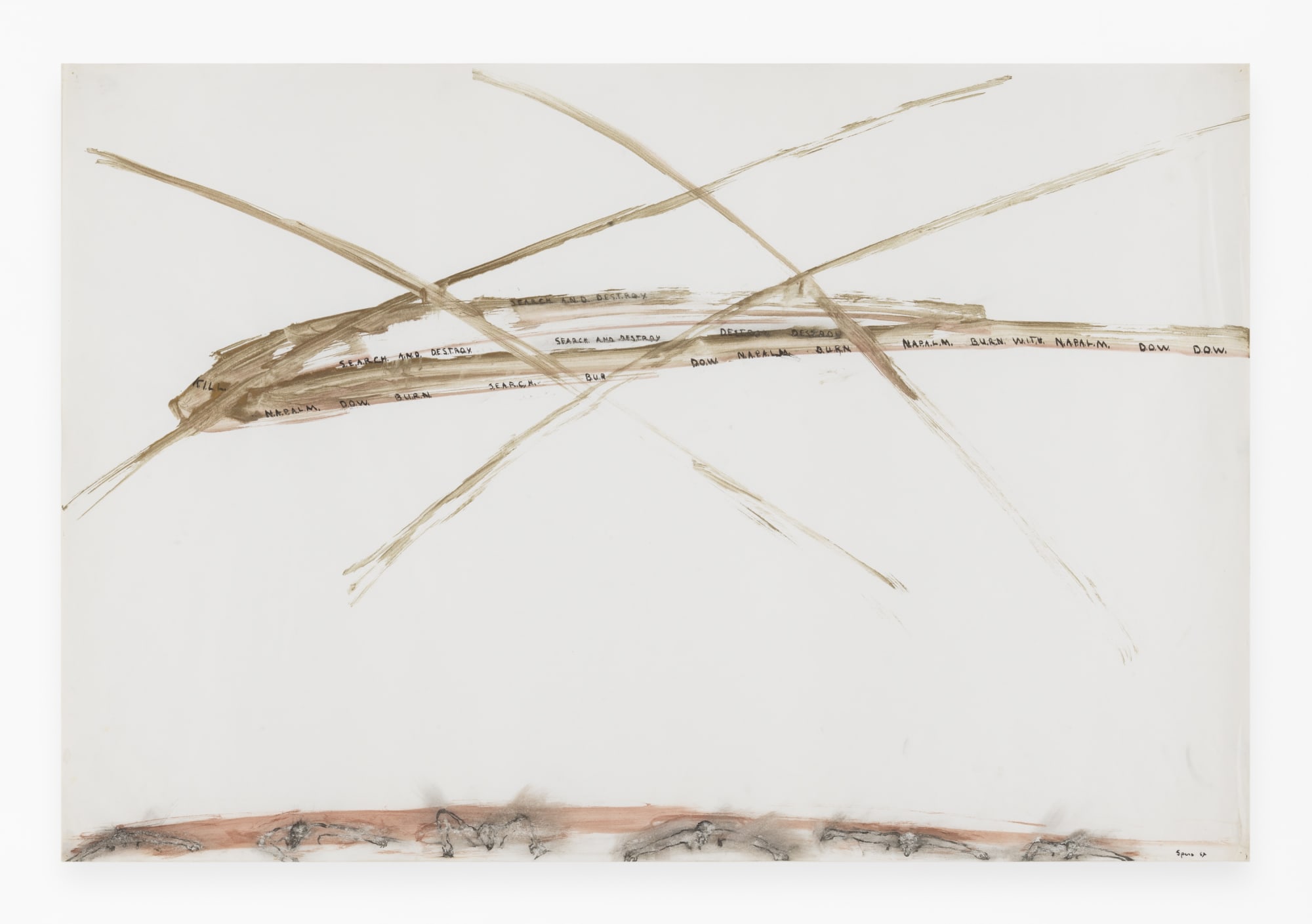 Nancy Spero Search and Destroy, D.O.W. N.A.P.A.L.M, 1967 Signed and dated recto, lower right Gouache and ink on paper 23.75 x 35.25 inches (60.3 x 89.5 cm) Framed: 27.5 x 39.25 x 1.6 inches (70 x 99.7 x 4 cm) (GL6113) "Spero considered her 1966 decision to work solely on paper an act of defiance. 'Part of my resistance as an artist in the War Series was a decision not to work anymore on canvas. I shifted completely to work on paper. Big canvases carried the male look! The 'establishment'! No was paying attention. I was madder than hell about the war. I figured later on that probably since I had three small sons, I wouldn't want my sons going off to war, the raging Vietnam War I considered an abomination. So the War Series was like an exorcism.'" - from Nancy Spero: The Work by Christopher Lyon