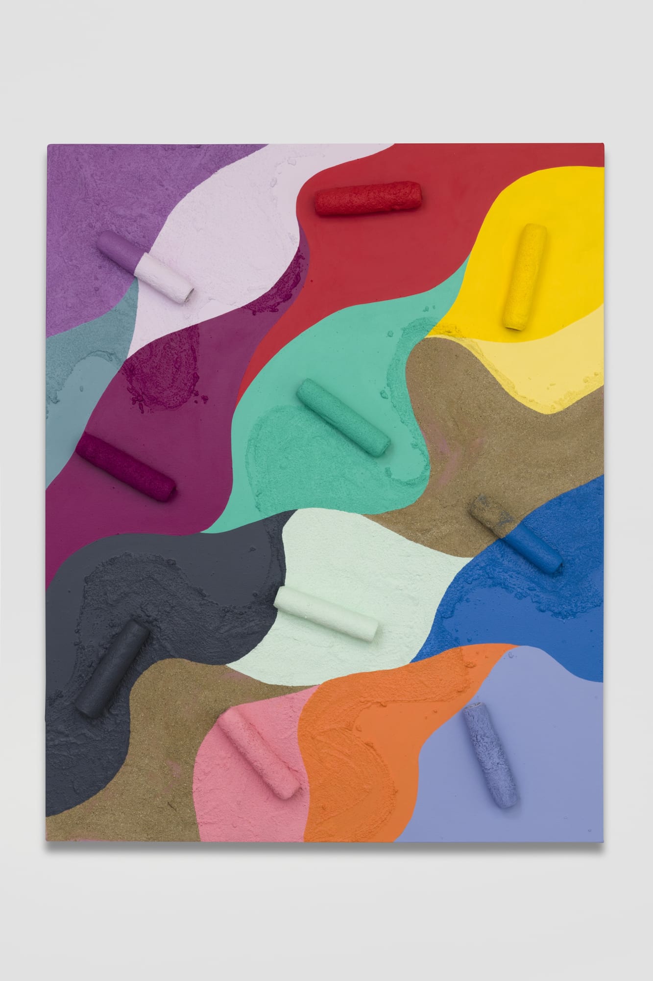 Sarah Cain rolling tides, 2019 Sand, acrylic, plastic thread, gel medium and paint rollers on canvas 60 x 48 x 4 inches (152.4 x 121.9 x 10.2 cm)