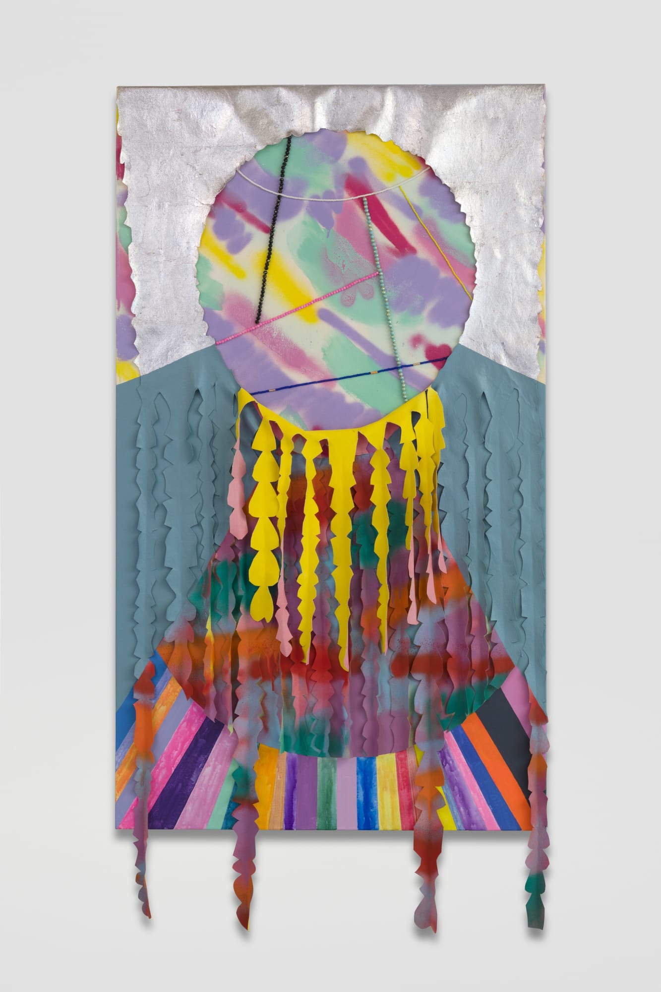 Sarah Cain the new era, 2019 Imitation silver leaf, beads, thread, acrylic, gel medium, water based spray paint, and gouache on canvas with fringed canvas overlay 66 x 33.5 x 4 inches (167.6 x 85.1 x 10.2 cm)