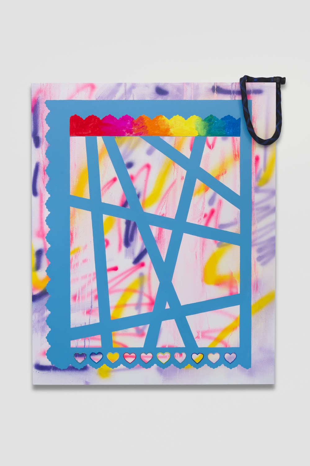 Sarah Cain lock down, 2018 Acrylic, bike lock, and beads on canvas 61.5 x 50 x 4 inches (156.2 x 127 x 10.2 cm)