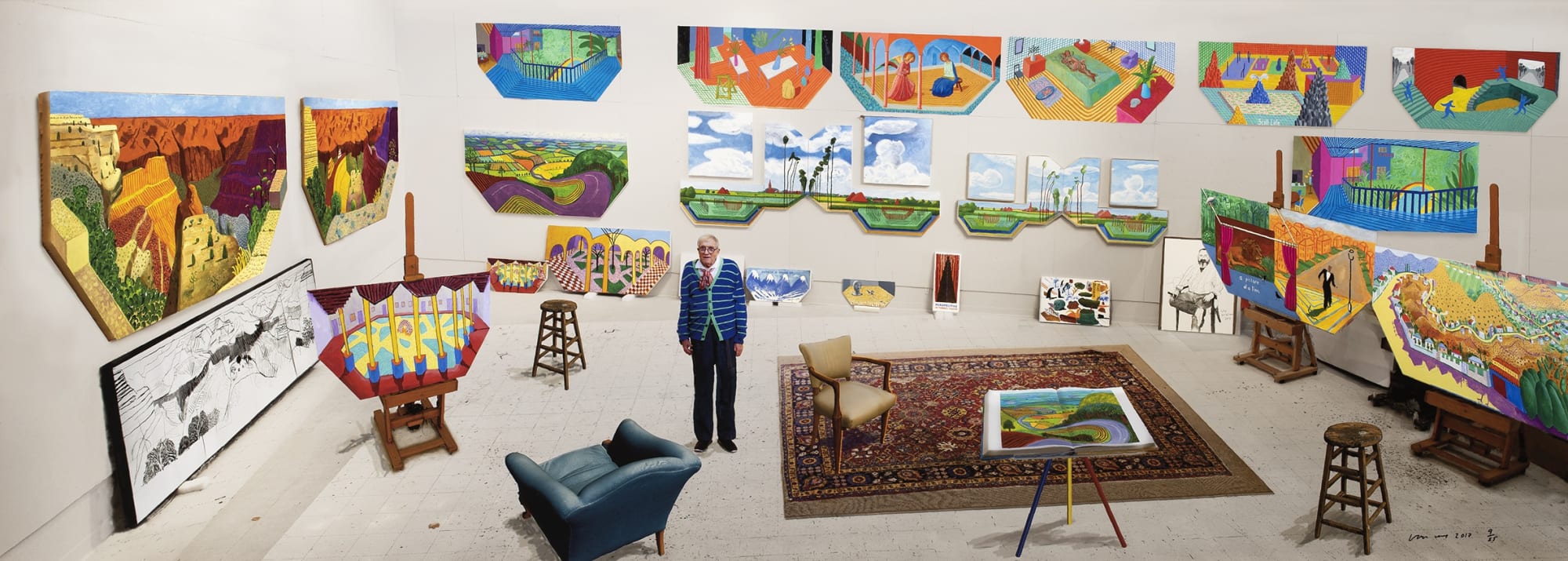 David Hockney In the Studio, December 2017, 2017 Photographic drawing printed on paper 23.62 x 65.75 inches (60 x 167 cm) Edition of 25
