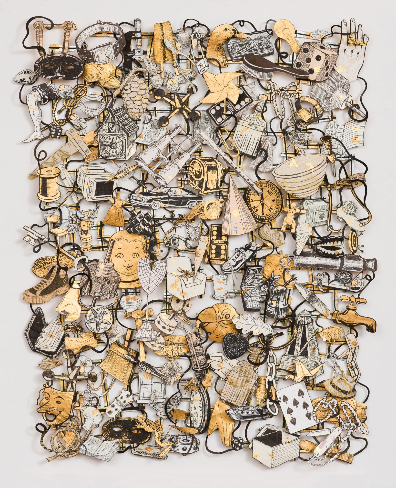 Jane Hammond Loose Tapestry of Daily Life (Diamond Ring), 2016 Sumi ink and gold leaf on assorted archival papers 36 x 30 inches (91.4 x 76.2 x 3.8 cm)