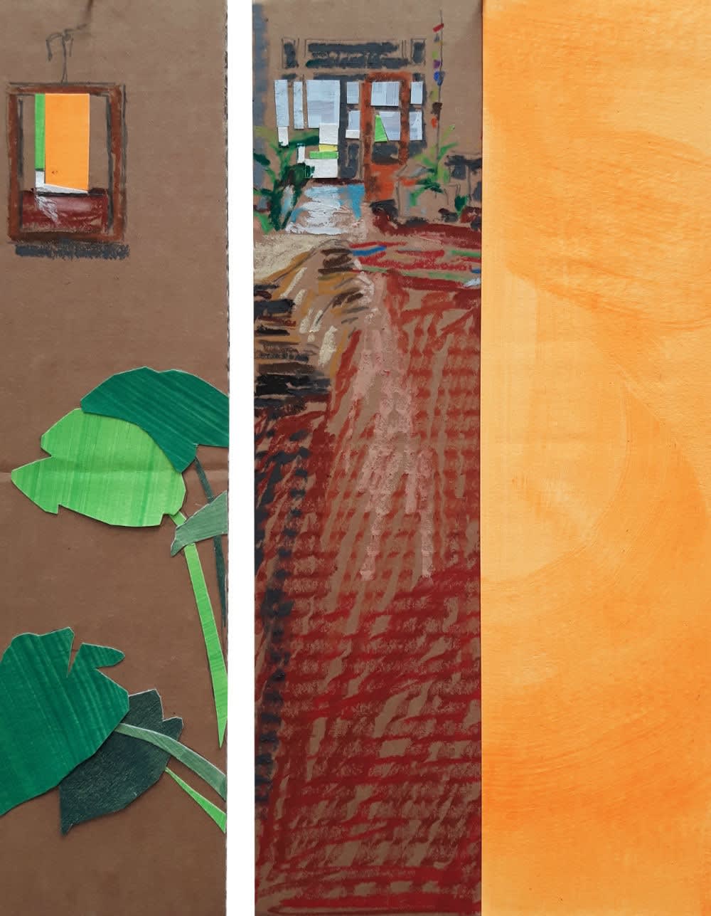 Dorine van der Ploeg - Red floor XIII - 2017 - collage, olieverf, krijt op papier - 29 x 7 cm + 29 x 14 cm