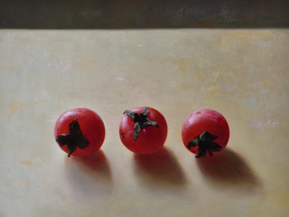 Qiangli Liang - Drie rode persimmons - 2018 - olieverf op doek - 23 x 30 cm