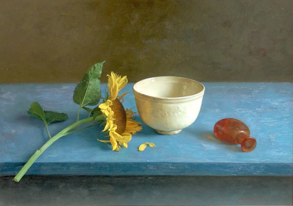 Qiangli Liang - Zonnebloem met witte kom - 2017 - olieverf op paneel - 50 x 70 cm