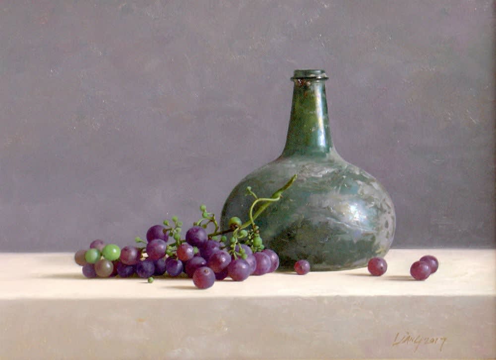 Qiangli Liang - Wilde druiven met fles - 2017 - olieverf op paneel - 30 x 40 cm