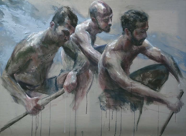 Sam Drukker - Roeiers met blauwe golf - 2017 - olieverf op doek - 90 x 125 cm