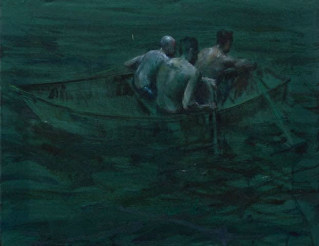 Sam Drukker - Drie roeiers groen - 2017 - olieverf op doek - 50 x 70 cm