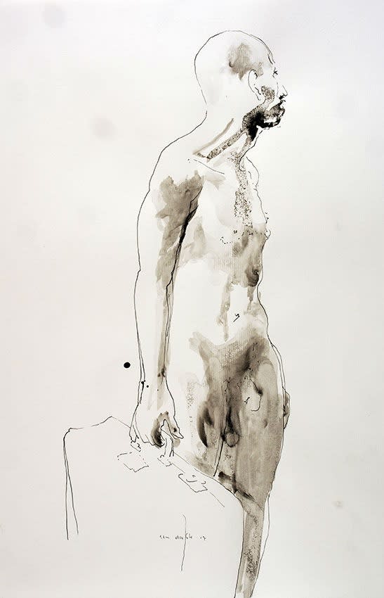 Sam Drukker - Studie Man met Koffer - 2017 - gewassen inkt op papier - 50 x 33 cm