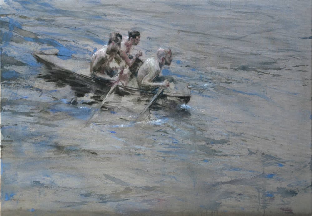 Sam Drukker - Drie roeiers in blauw - 2017 - olieverf op doek - 80 x 115 cm