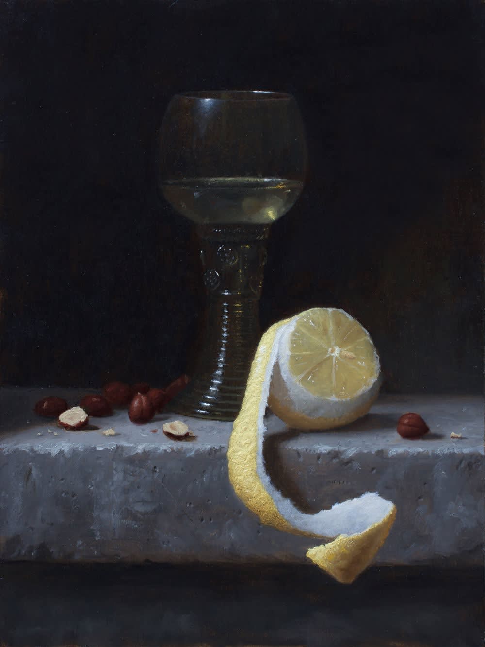 Justin Wood - Roemer and Peeled Lemon - 2017 - olieverf op paneel - 30 x 20 cm