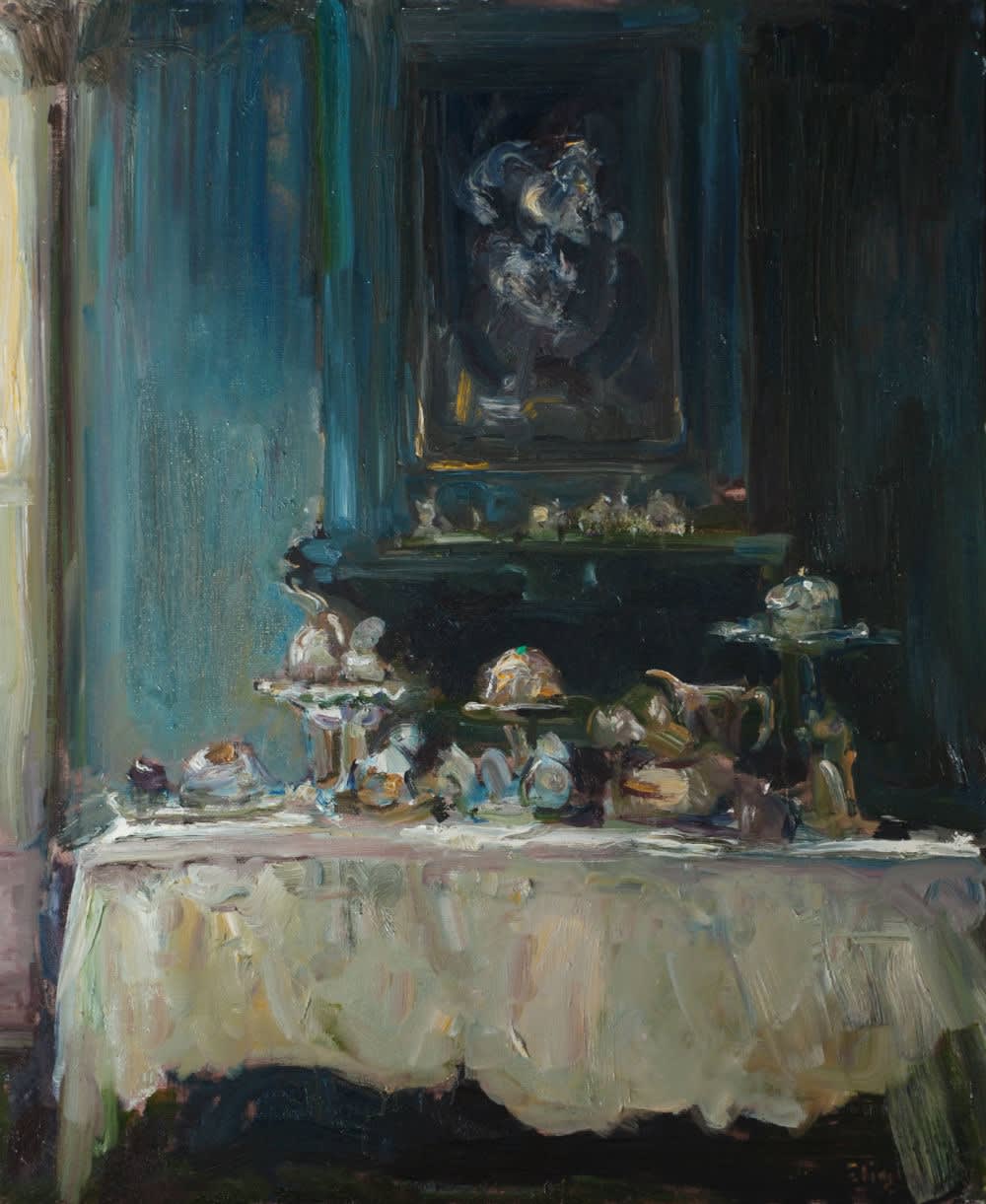 Douwe Elias - Gedekte tafel in blauwe kamer - 2017 - olieverf op doek - 120 x 100 cm