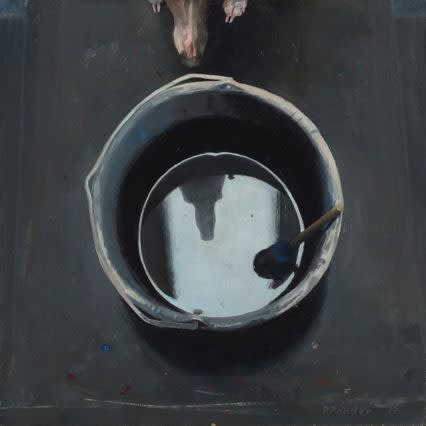 Pieter Pander - Hond, emmer, kwast - 2016 - olieverf op paneel - 50 x 50 cm