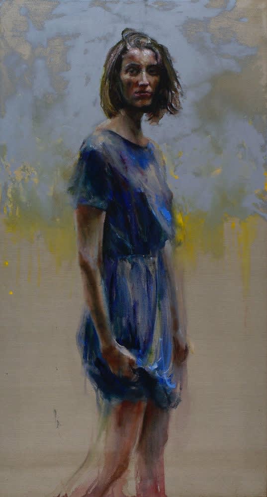 Sam Drukker - Vrouw in blauwe jurk - 2016 - olieverf op doek - 140 x 75 cm