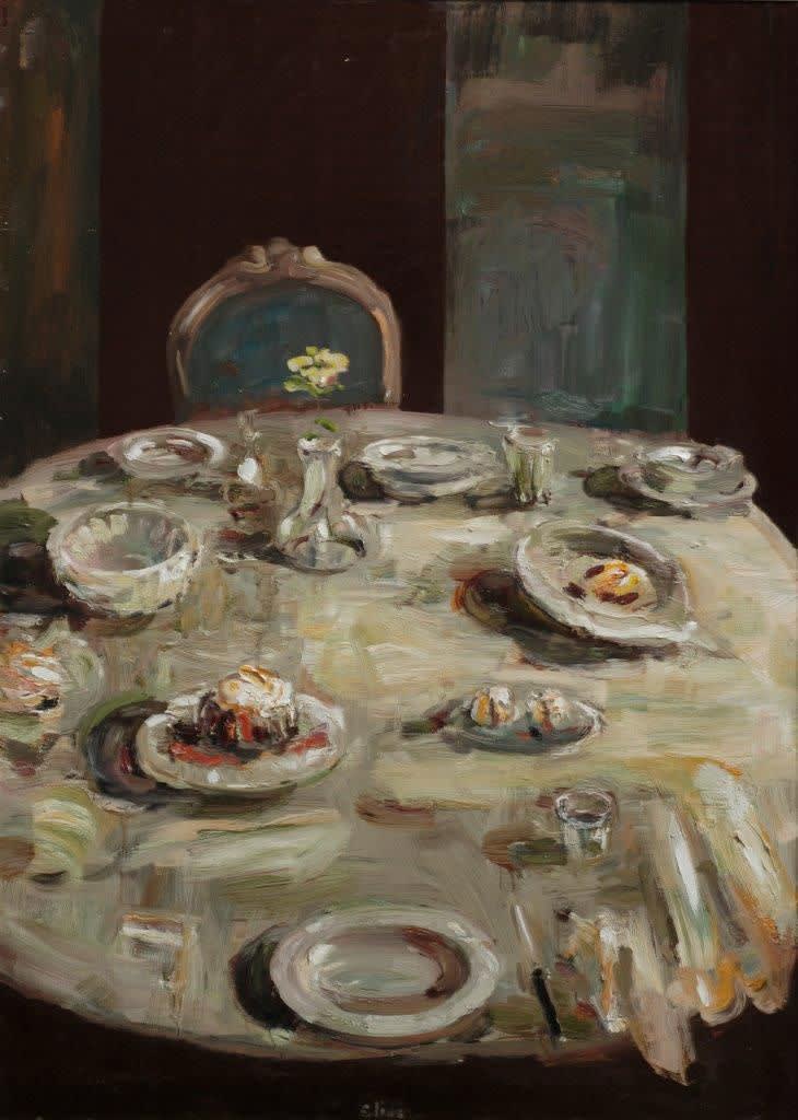 Douwe Elias - Gedekte ronde tafel met blauwe stoel - 2016 - olieverf op paneel - 125 x 90 cm