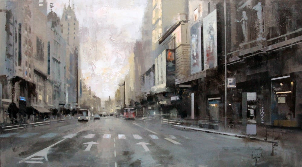 Ricardo Gal&aacute;n Urr&eacute;jola - Amanecer en Gran Via - 2015 - Olieverf op doek - 50 x 90 cm