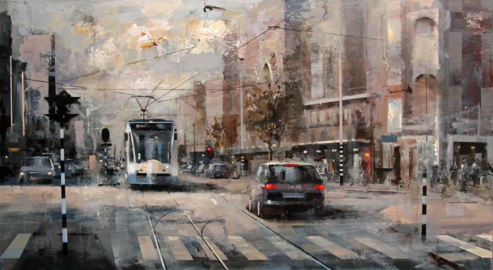 Ricardo Gal&aacute;n Urr&eacute;jola - Het wordt ochtend in Amsterdam - 2015 - Olieverf op doek - 55 x 100 cm