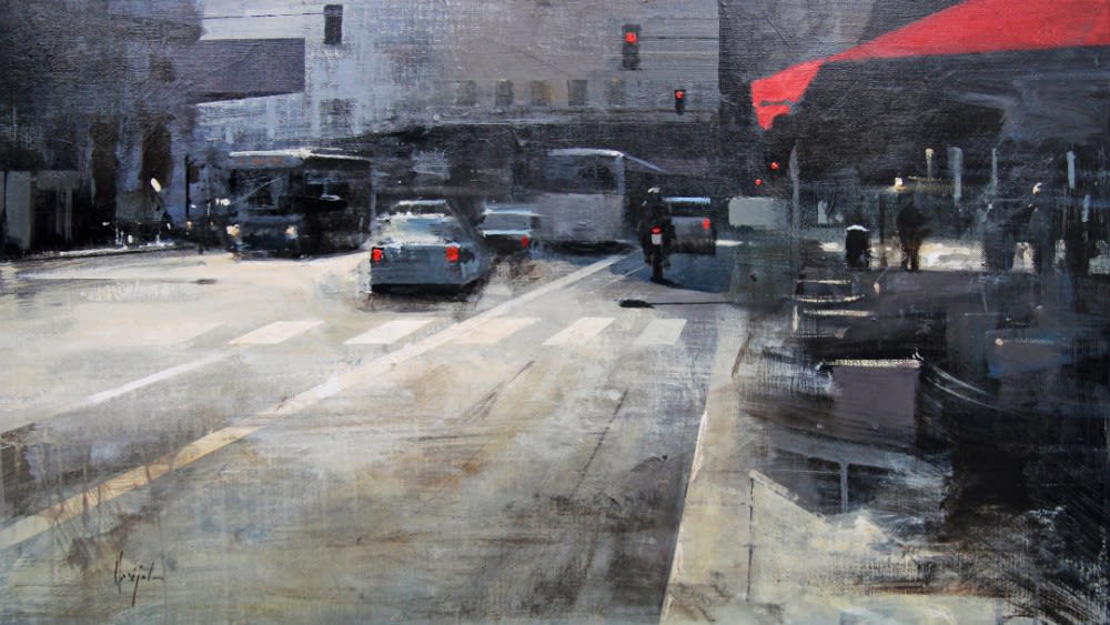 Ricardo Gal&aacute;n Urr&eacute;jola - Terraza en Gran Via - 2015 - Olieverf op doek - 46 x 81 cm