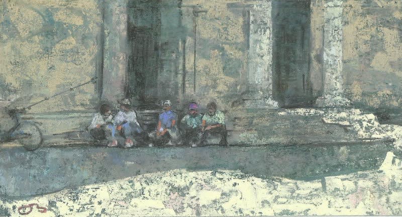 Onno Boerwinkel - Davanti alla chiesa - 2014 - pastel en gemengde techniek - 10 x 19 cm