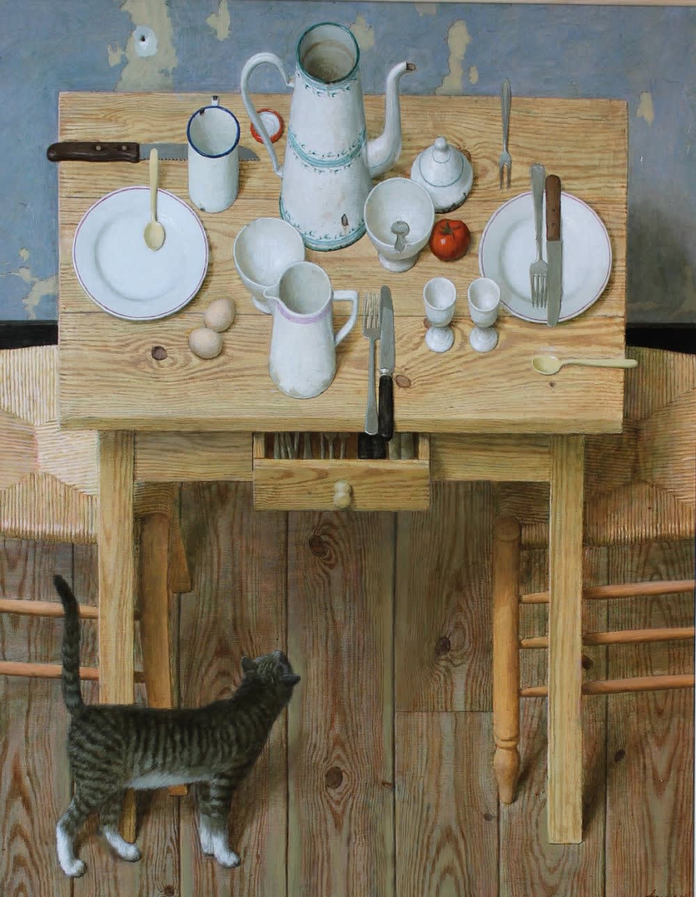 Kenne Grégoire - Tafel met kat - 2014 - acrylverf op doek